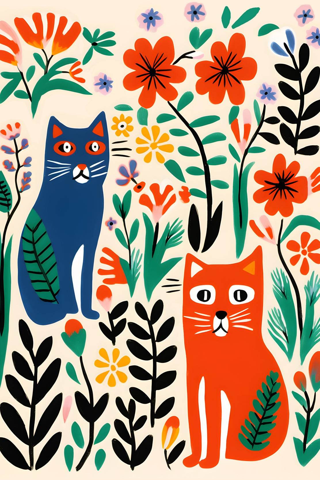 Painting Colored Cats Among Flowers Art - beink online art store