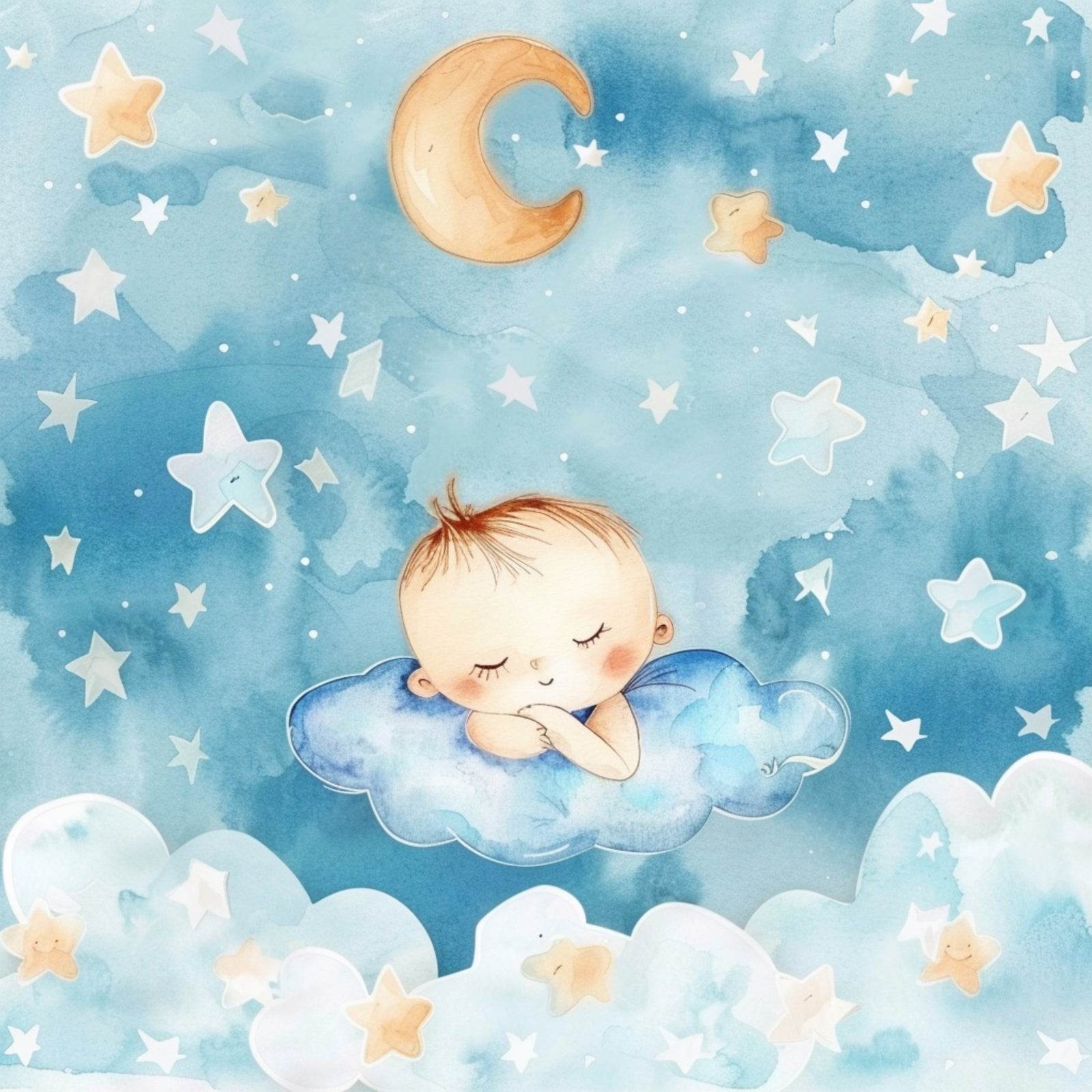 Watercolor Painting of Little Baby Sleeping in Clouds - beink online art store