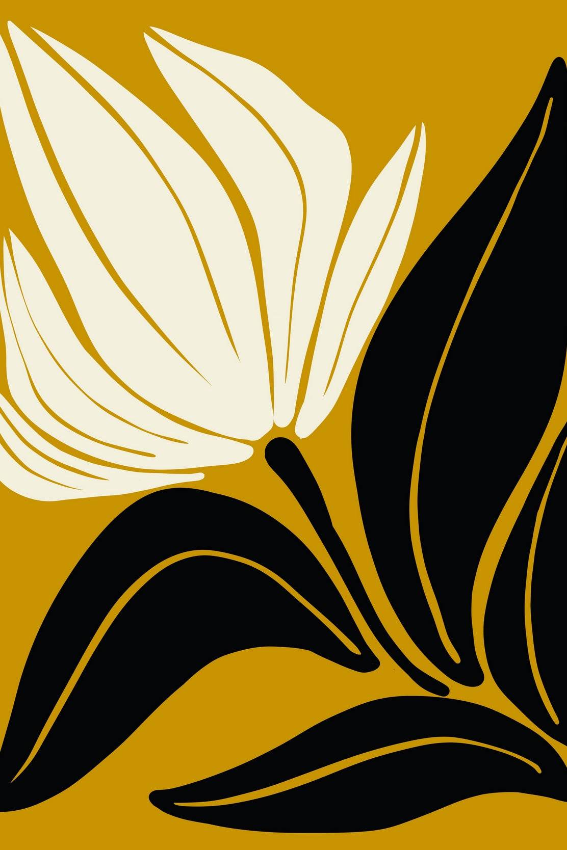 Stylized White Flower with Black Leaves ArtWork - beink online art store
