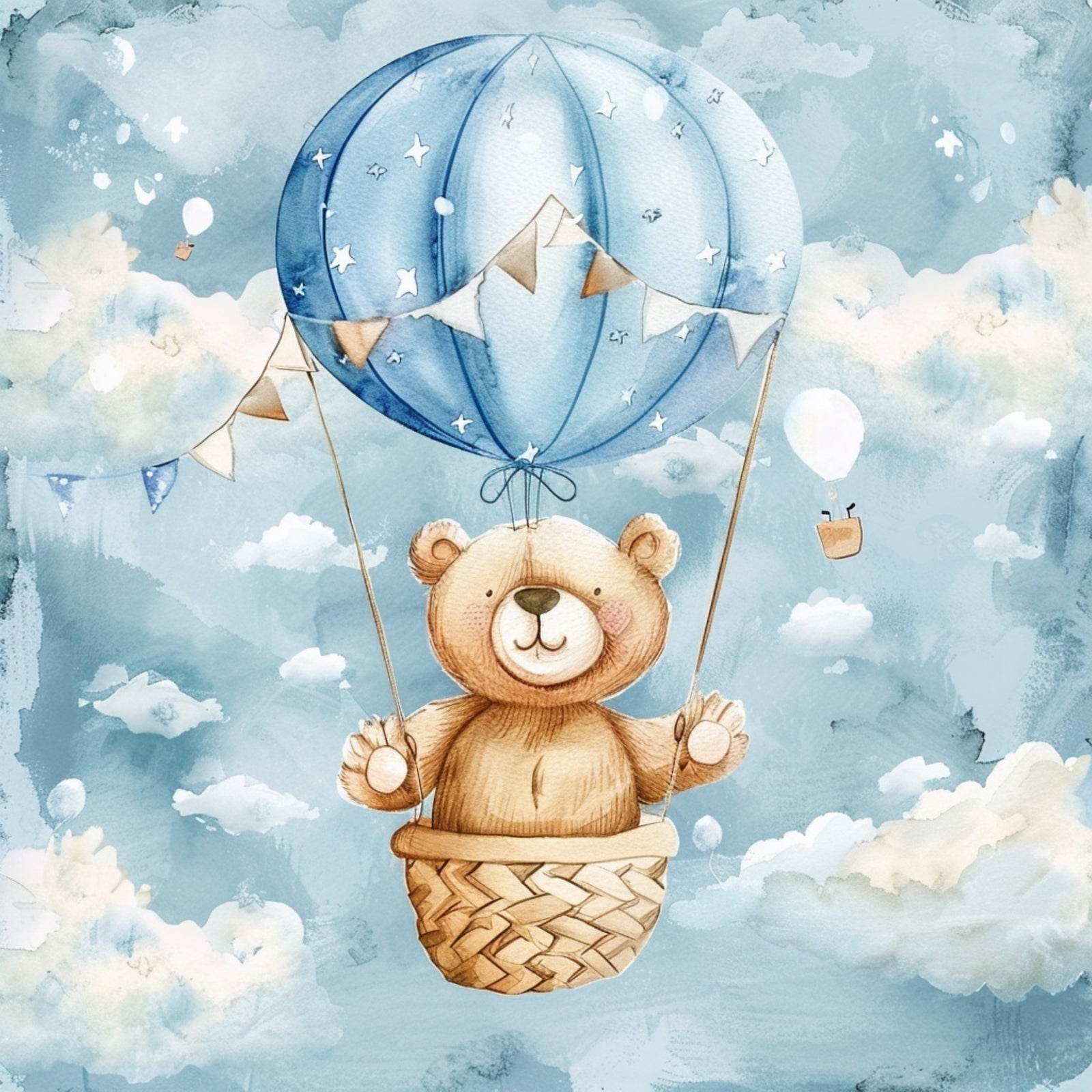 Watercolor Painting of Teddy in Hot Air Balloon - beink online art store