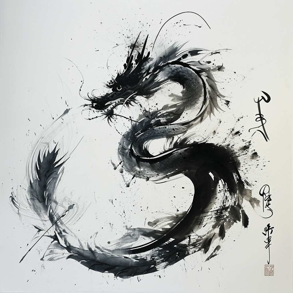 Black Watercolor Chinese Dragon Modern Wall Art - beink online art store