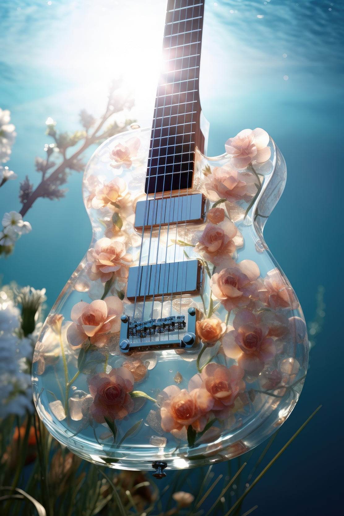 Glass Guitar With Flower Design Wall Art - beink online art store