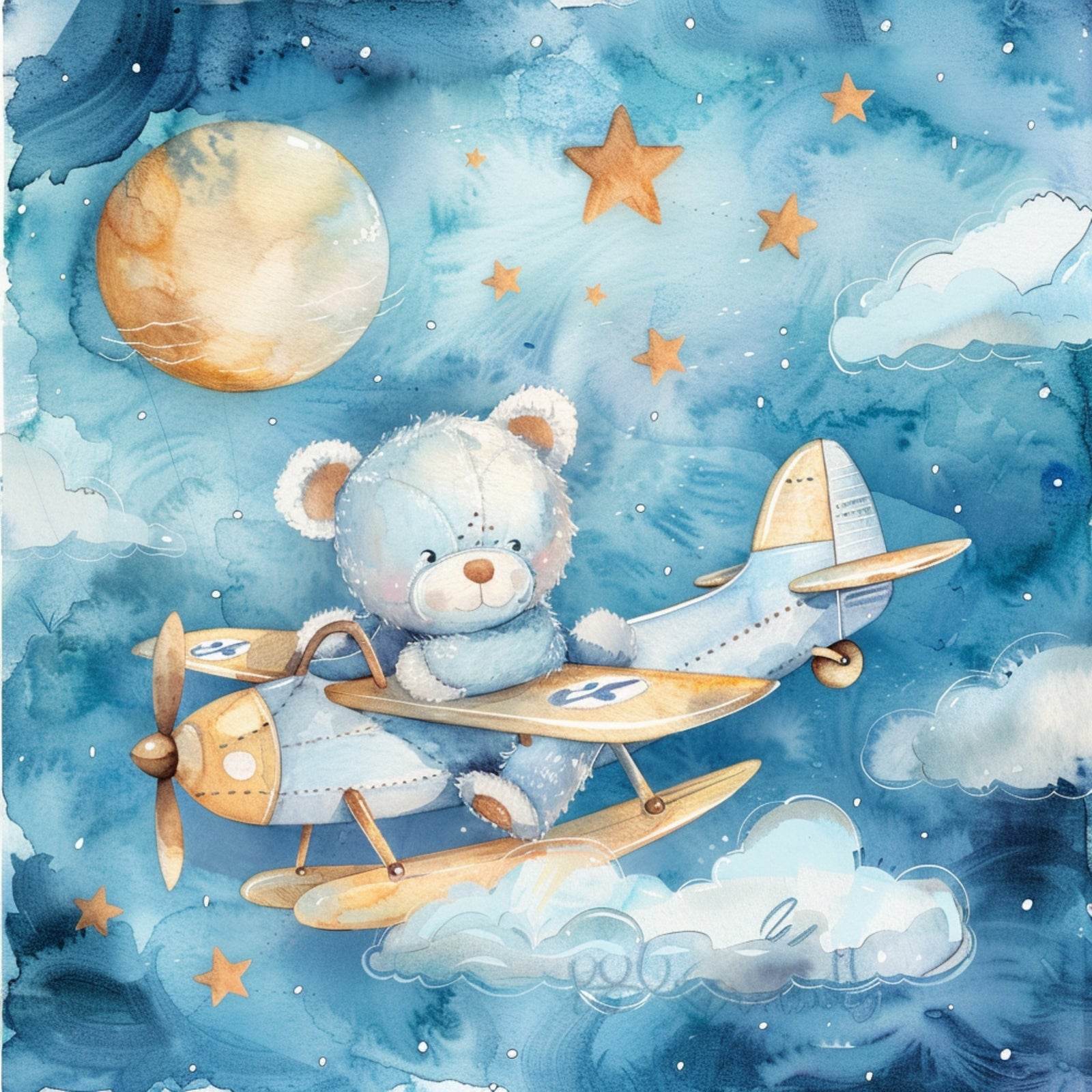 Watercolor Painting of Blue Teddy Flying Aeroplane - beink online art store