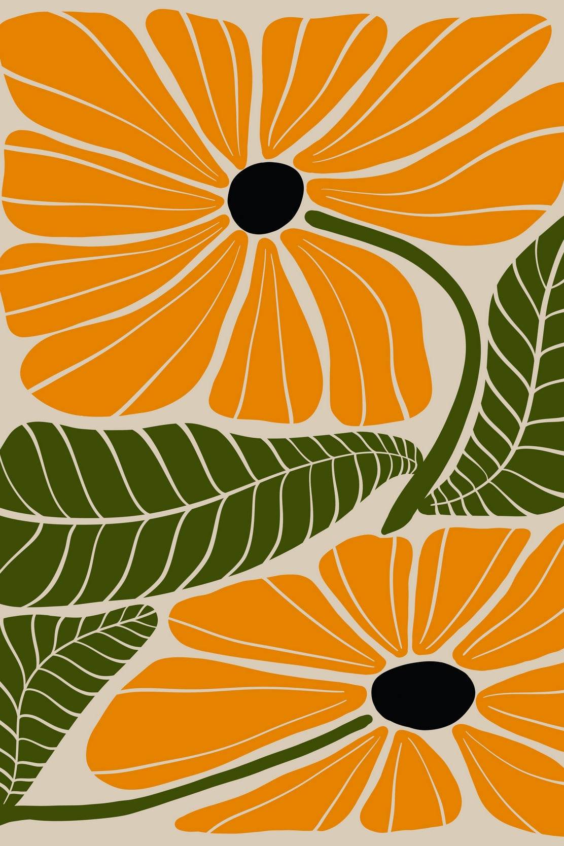 Orange Flowers with Black Centers and Green Leaves ArtWork - beink online art store