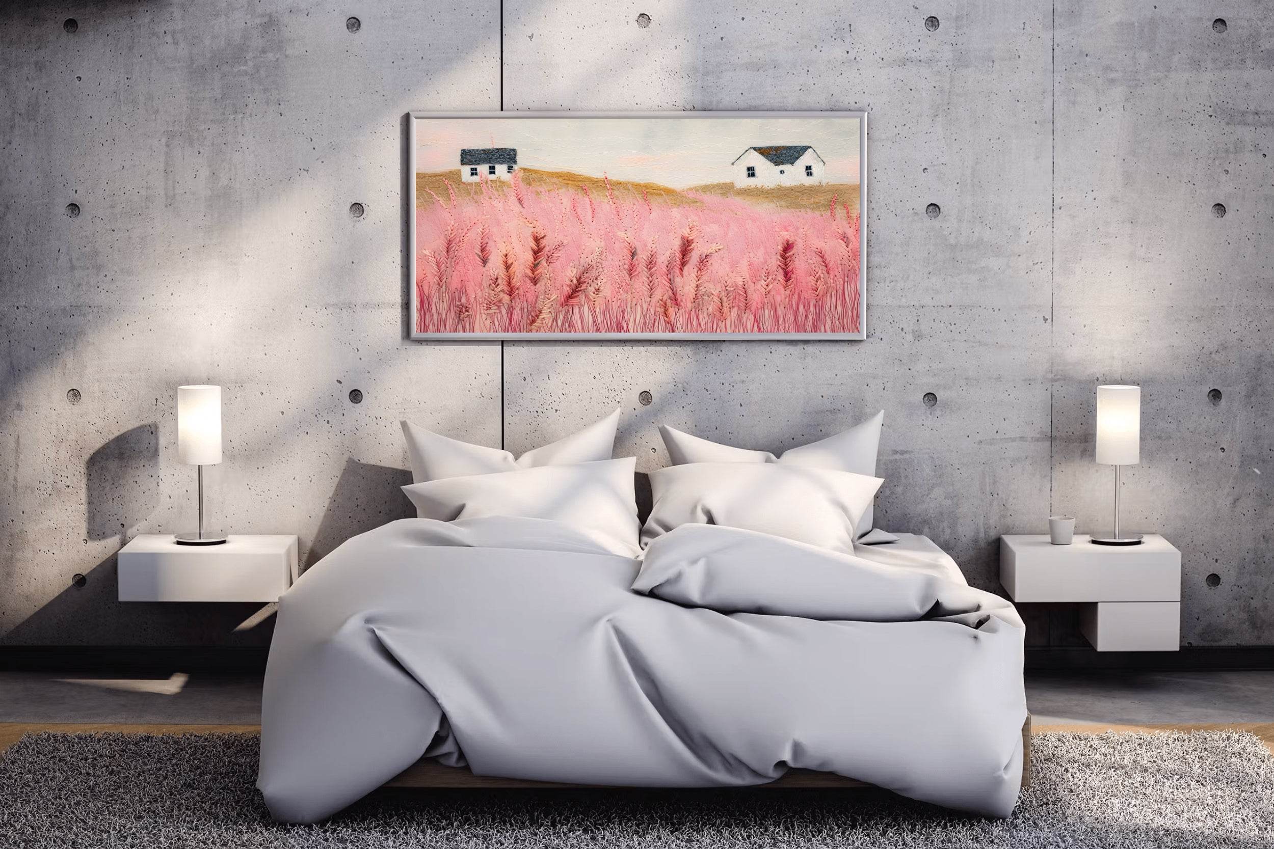 Abstract Pink Meadow Painting With Grass and House - beink online art store
