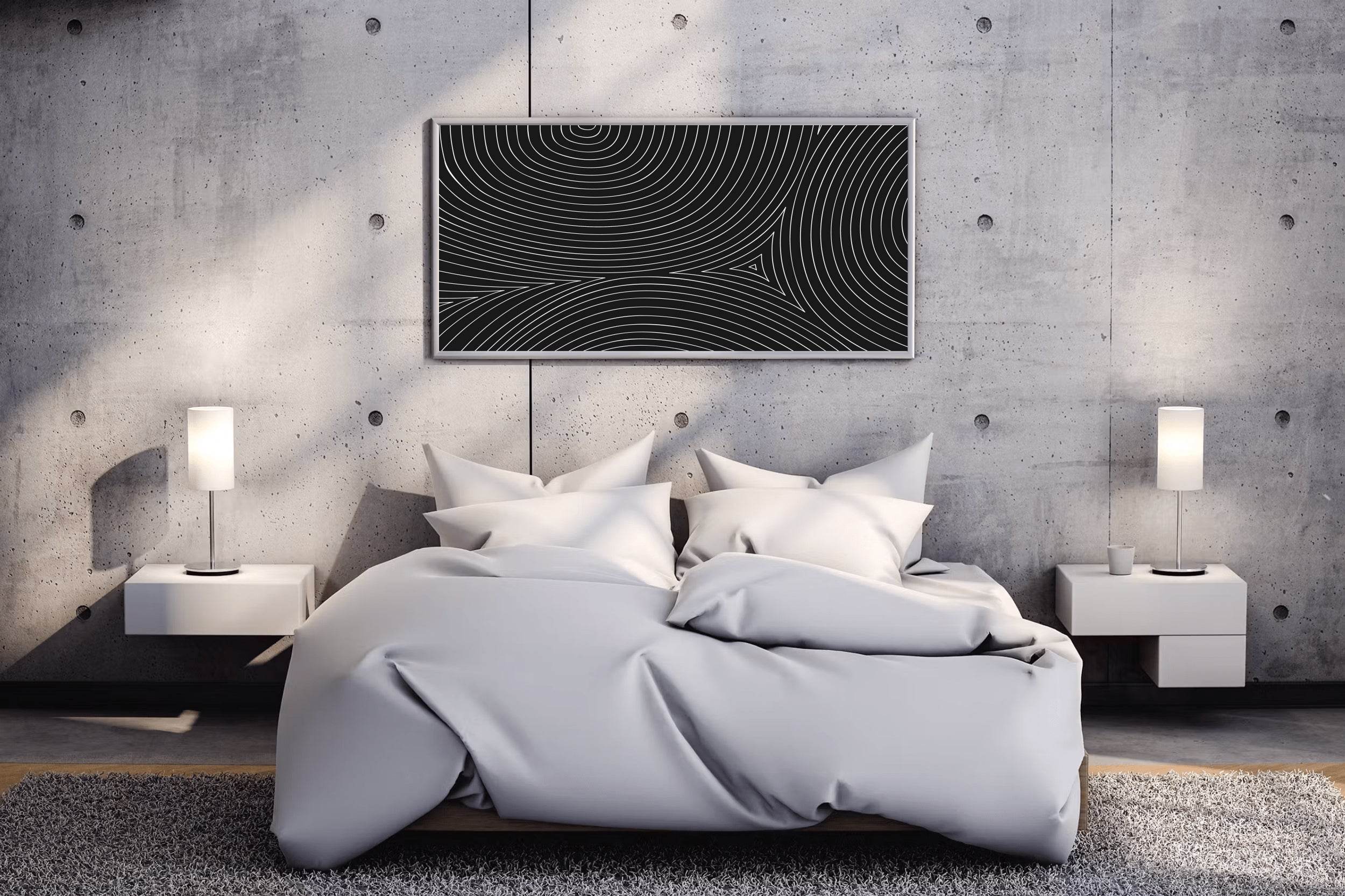 White Circular Lines With Black Background Abstract Wall Art - beink online art store