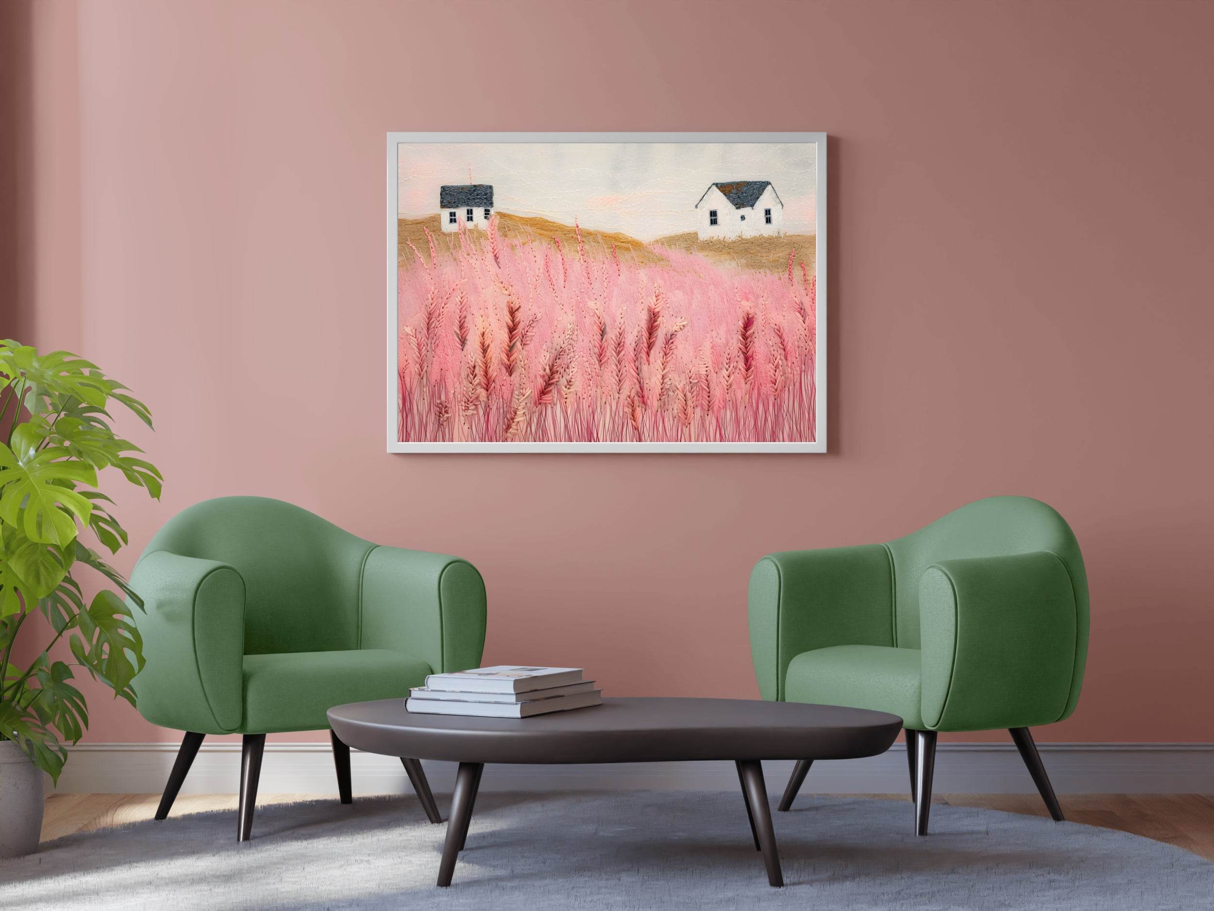 Abstract Pink Meadow Painting With Grass and House - beink online art store