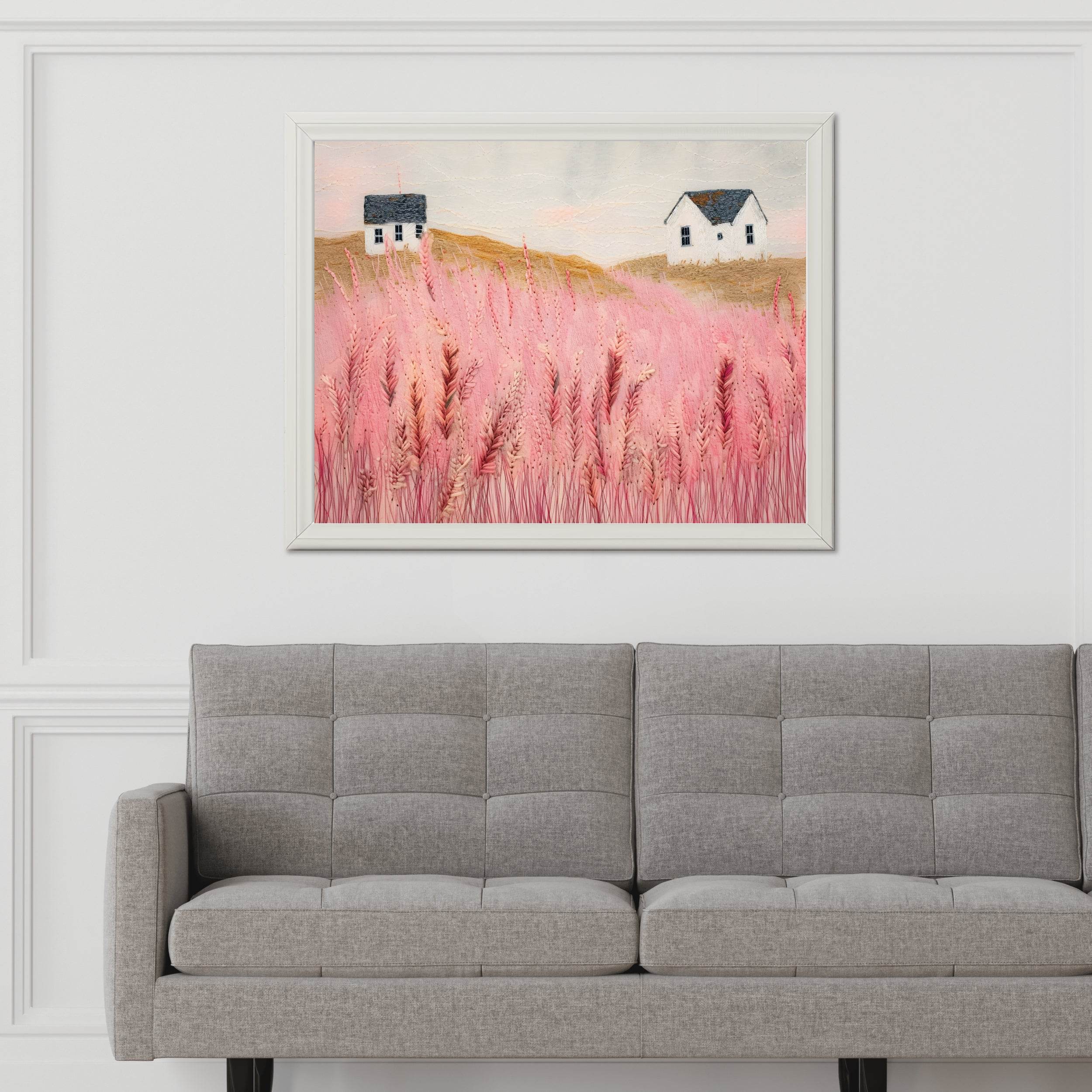 Abstract Pink Meadow Painting With Grass and House - beink online art store