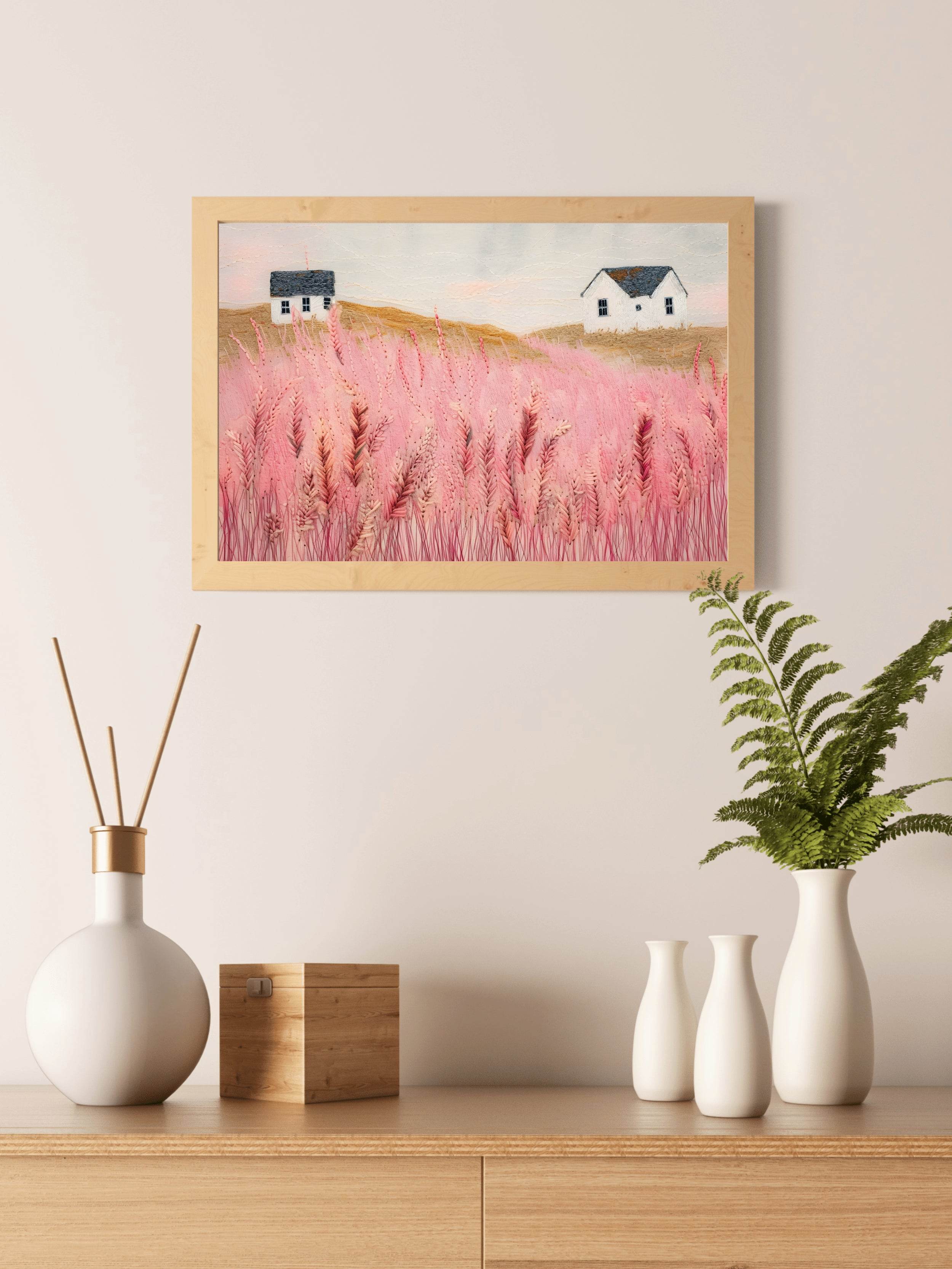 Abstract Pink Meadow Painting With Grass and House - beink online art store