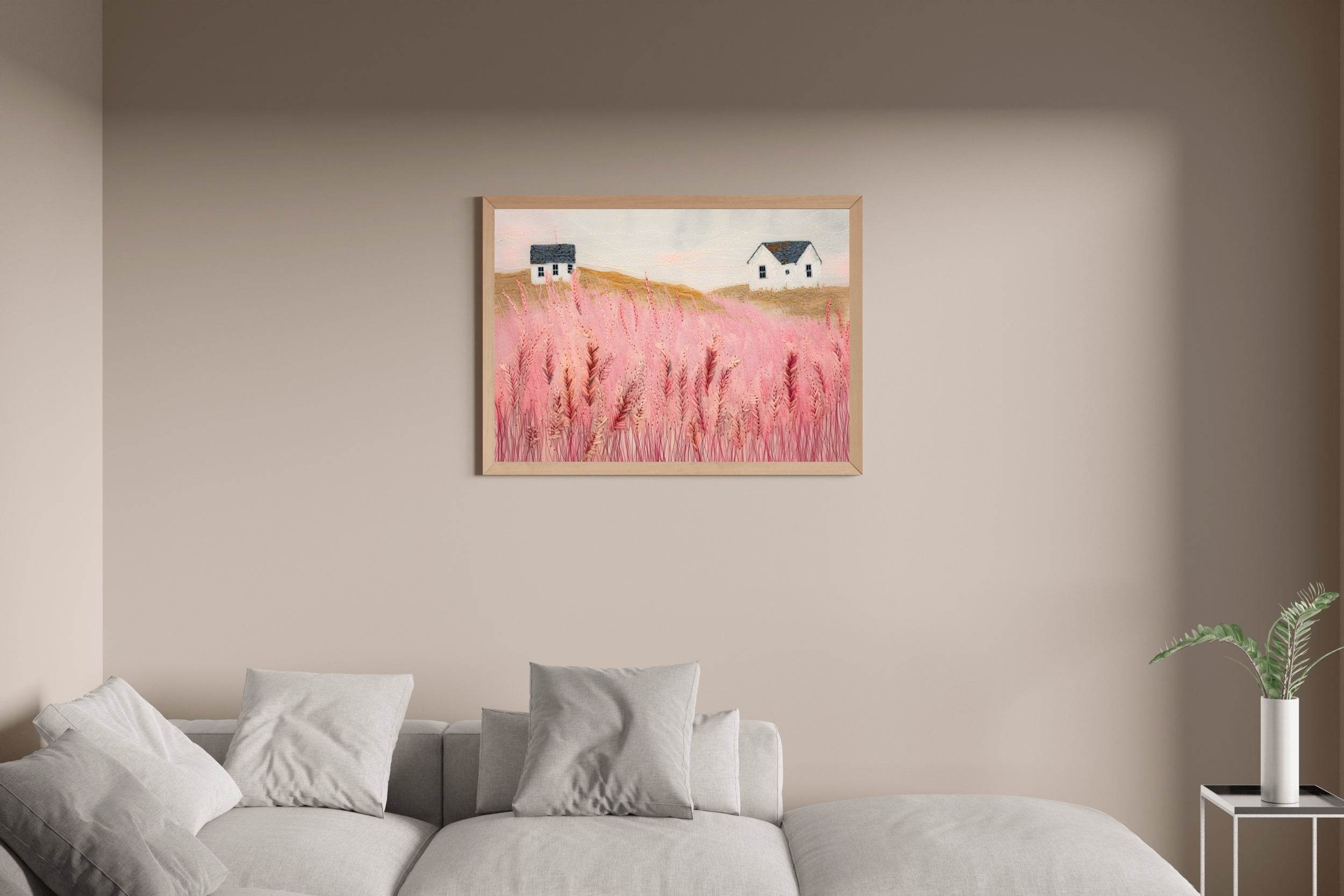 Abstract Pink Meadow Painting With Grass and House - beink online art store