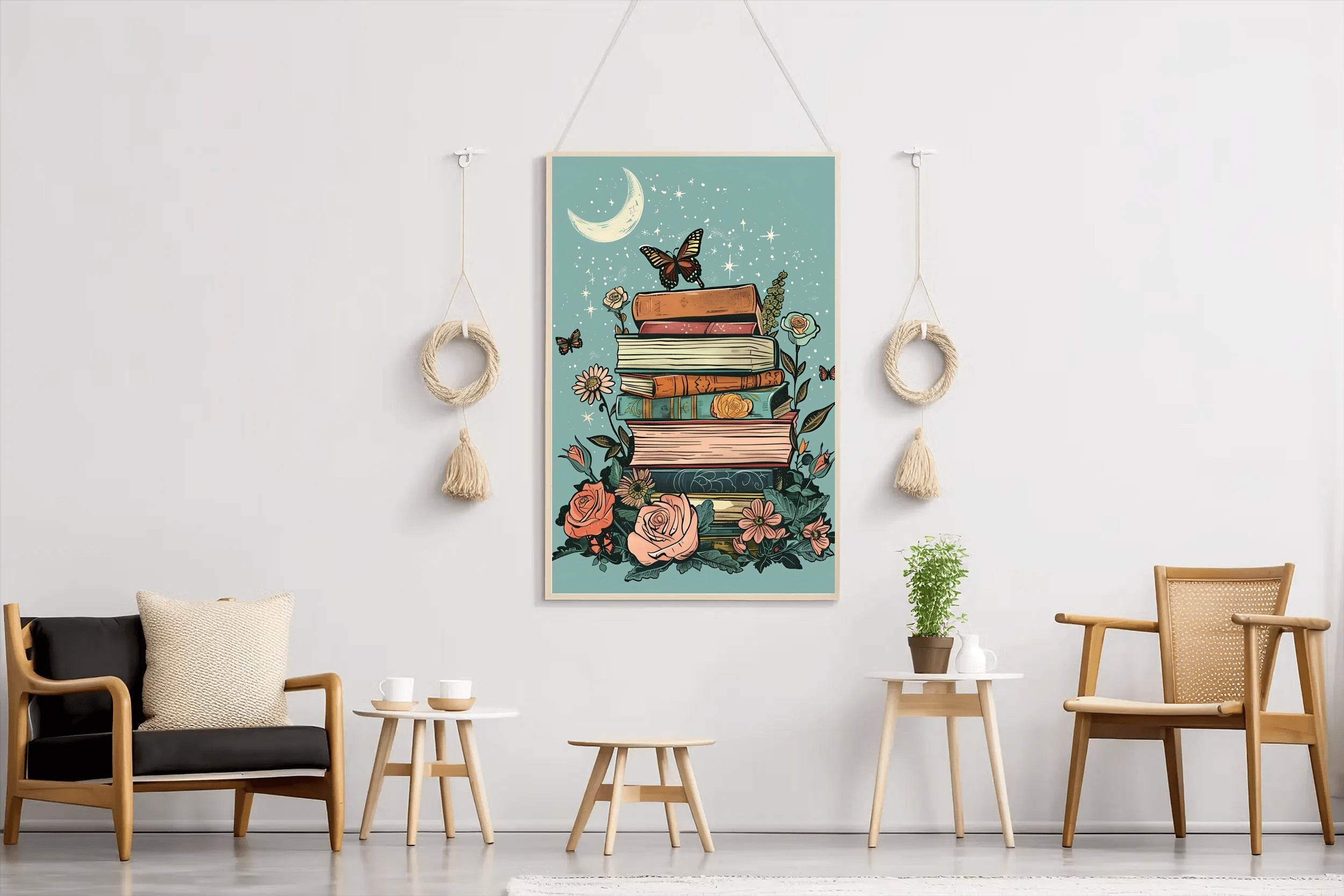 Books and flowers with a butterfly on top Wall Art - beink online art store