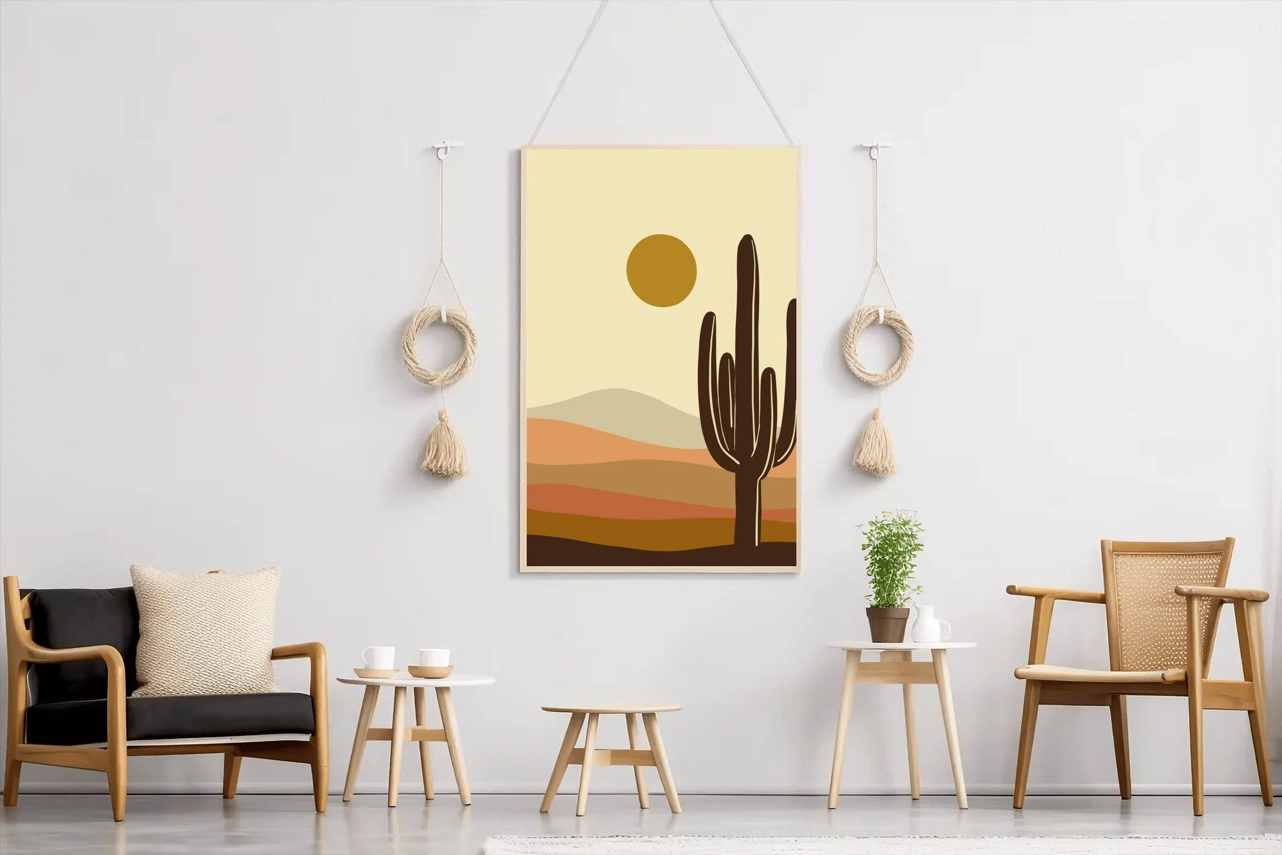 Stylized Desert Landscape with Cactus and Sun ArtWork - beink online art store