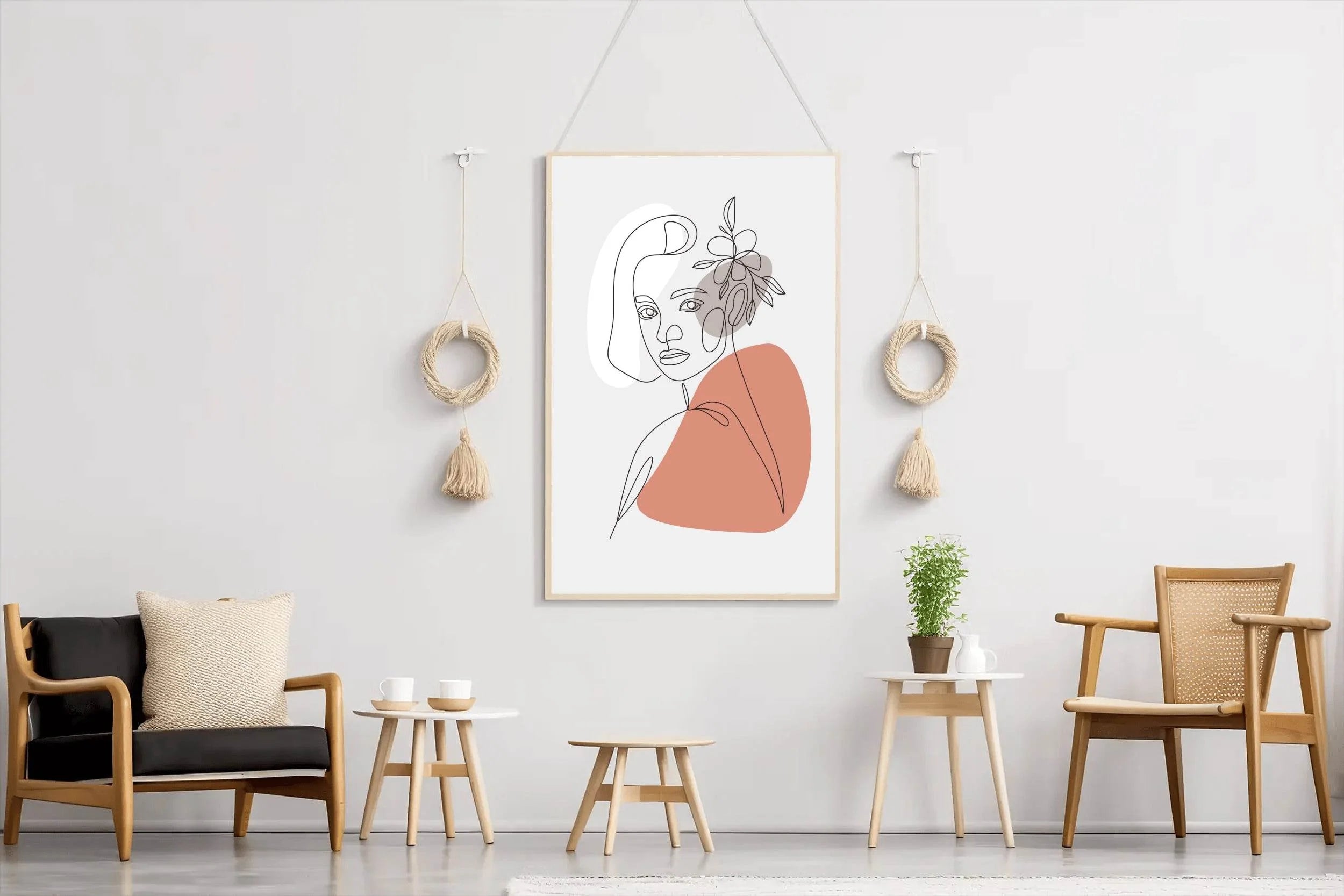 Beautiful Woman and Minimally Drawn Flowers Wall Art - beink online art store