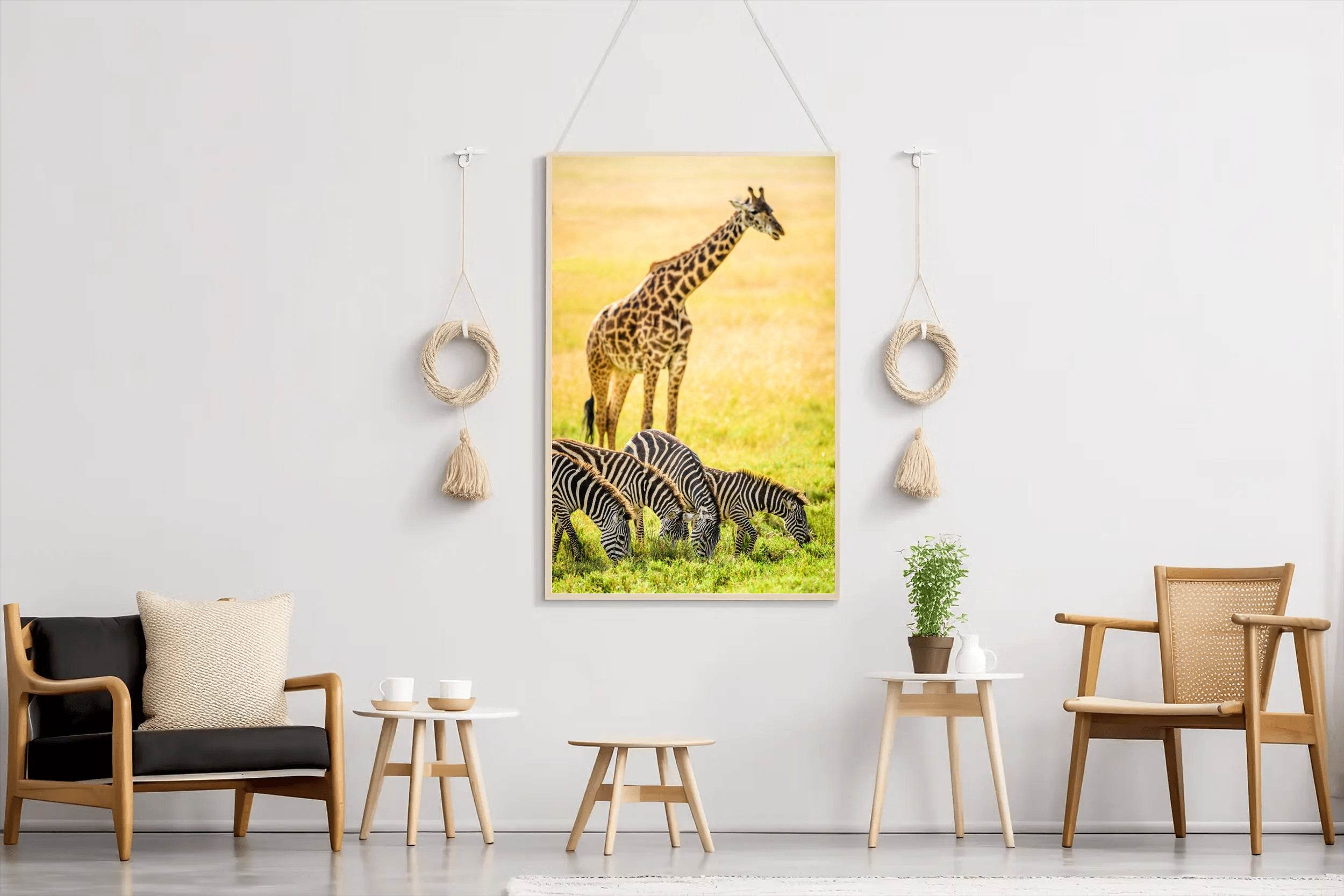 Northren Giraffe and Zebra Grazing in Savanna Wall Art - beink online art store