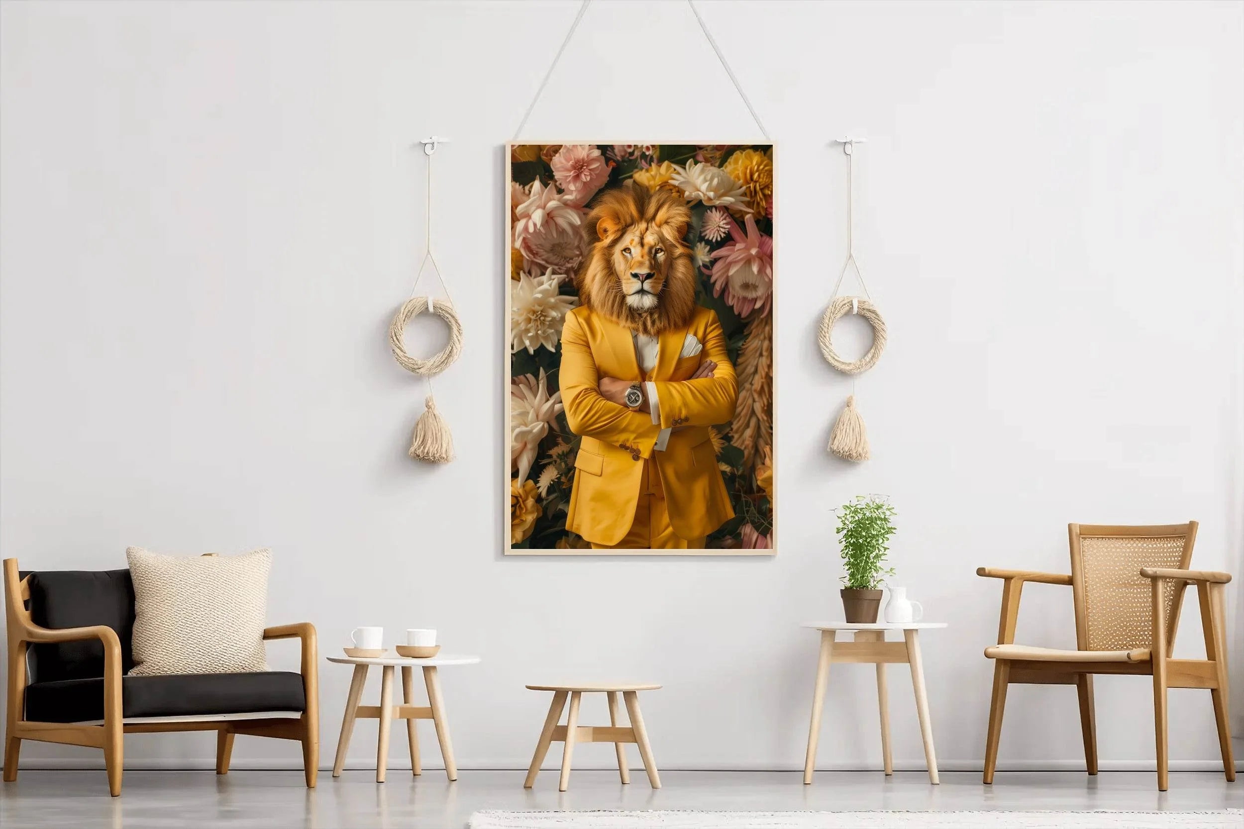 Lion in Yellow Coat With Floral Background - beink online art store