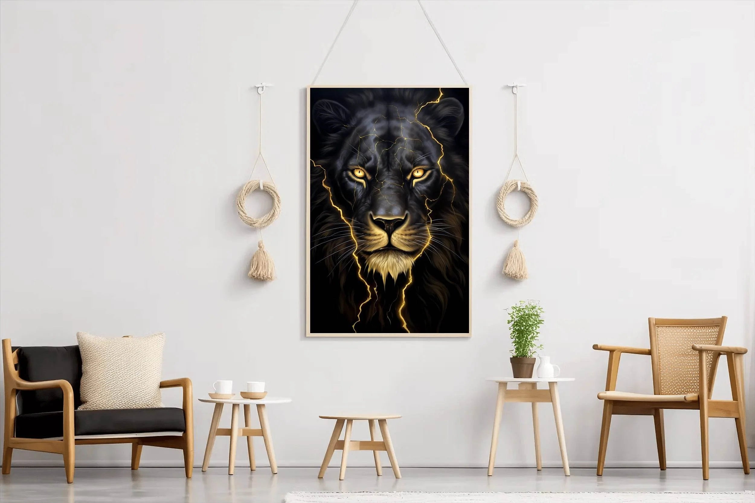 Black Color Neon Line Painting of Lion - beink online art store