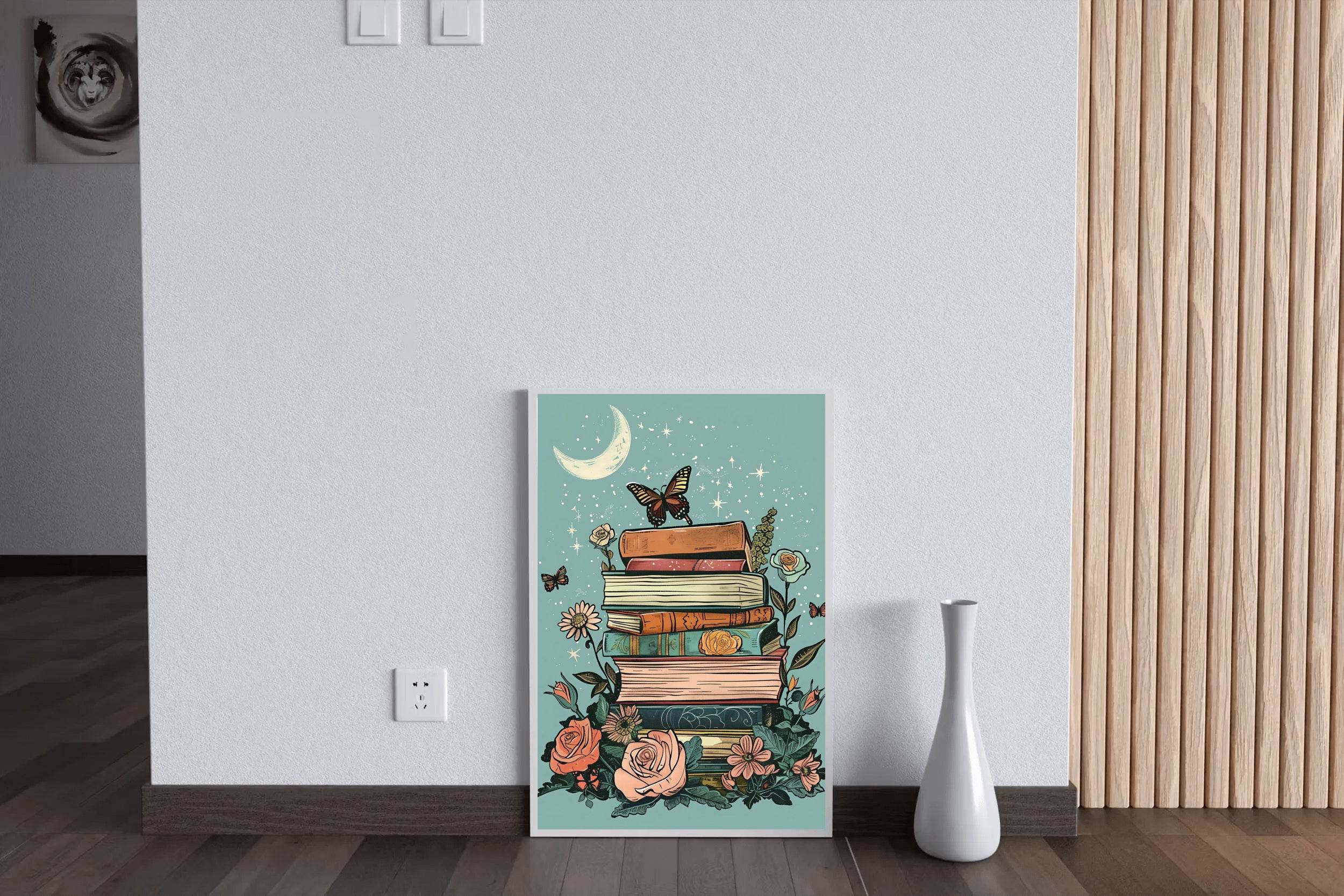 Books and flowers with a butterfly on top Wall Art - beink online art store