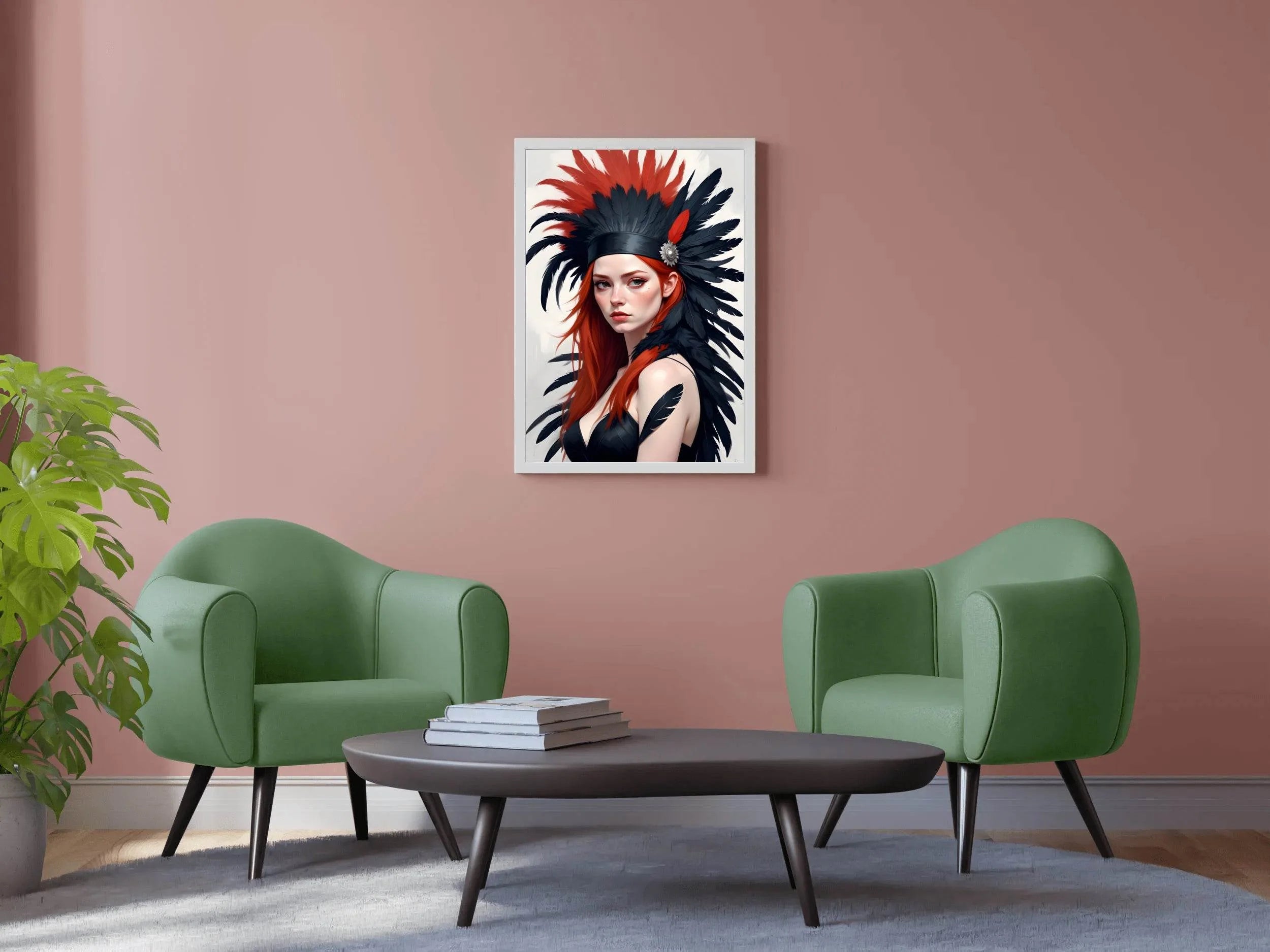 Orange Hair women with Black and Orange feather Wall Art - beink online art store