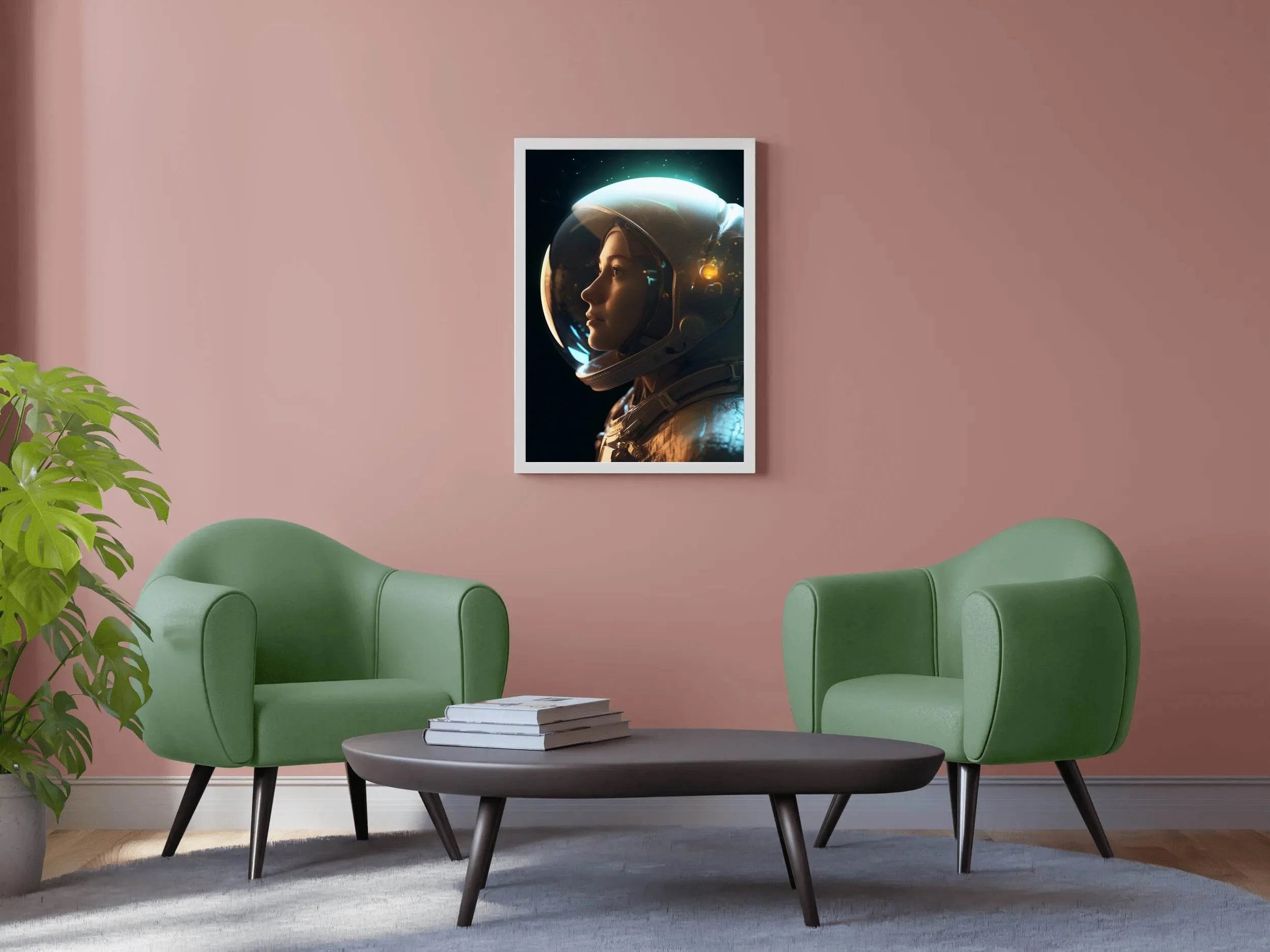 Side view female astronaut wearing spacesuit in space - beink online art store