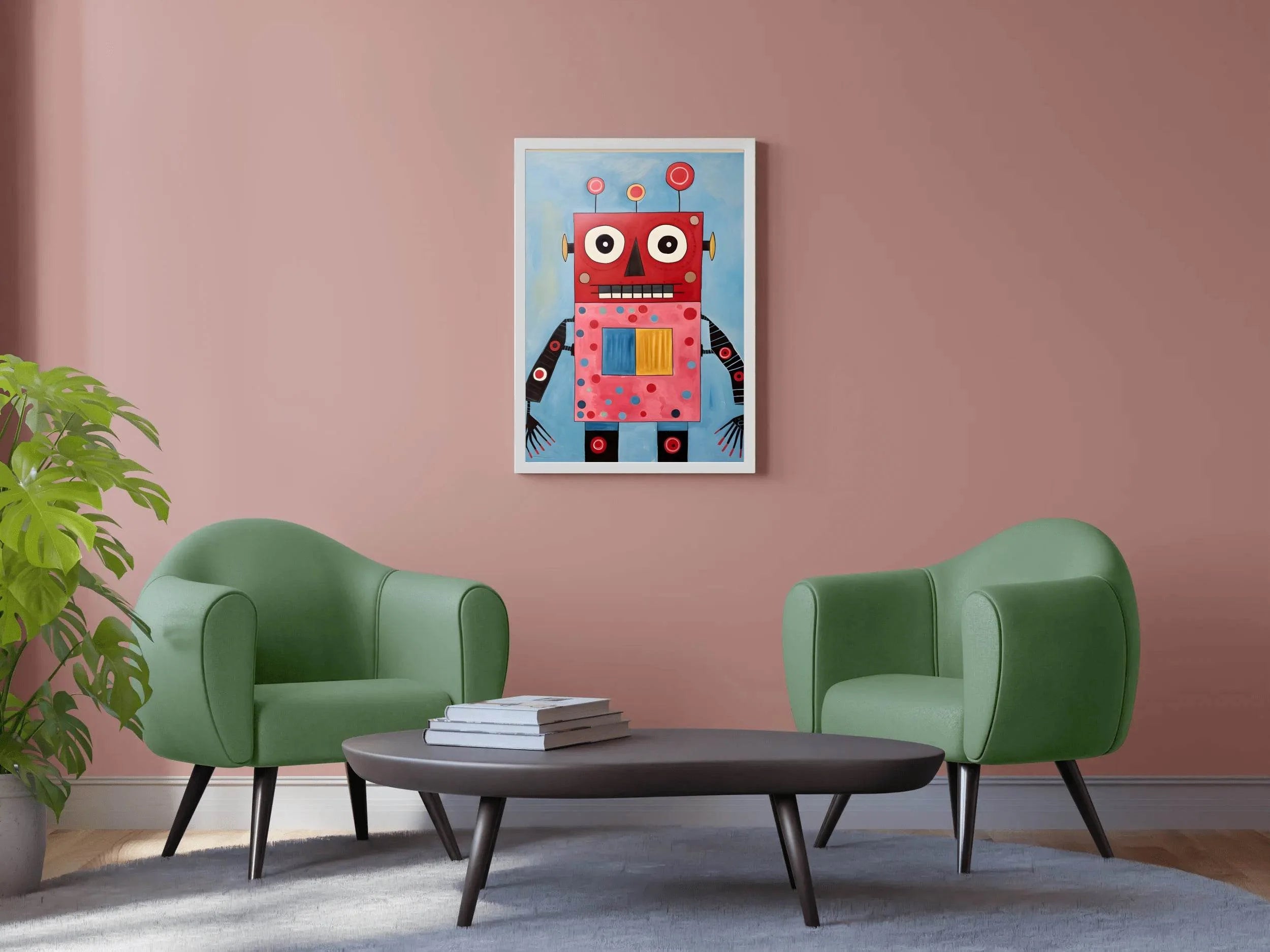 Painting of Red and Pink WaterColor Robot - beink online art store