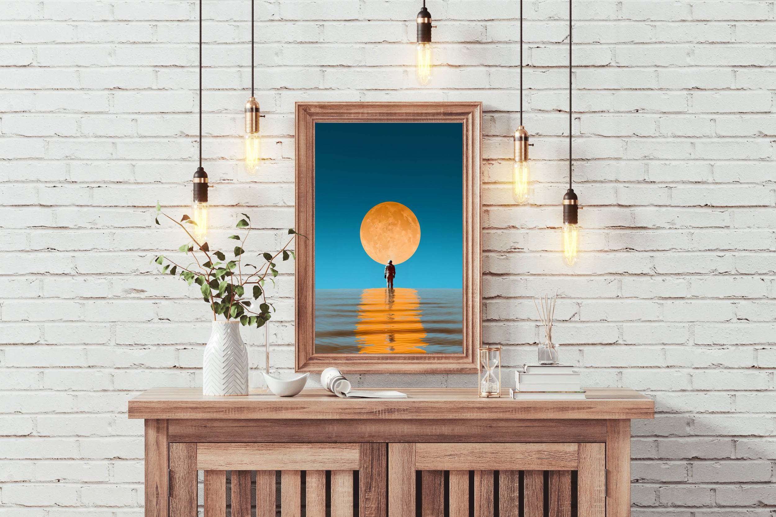Astronaut Standing in the Ocean Reflecting the Moon Wall Art - beink online art store