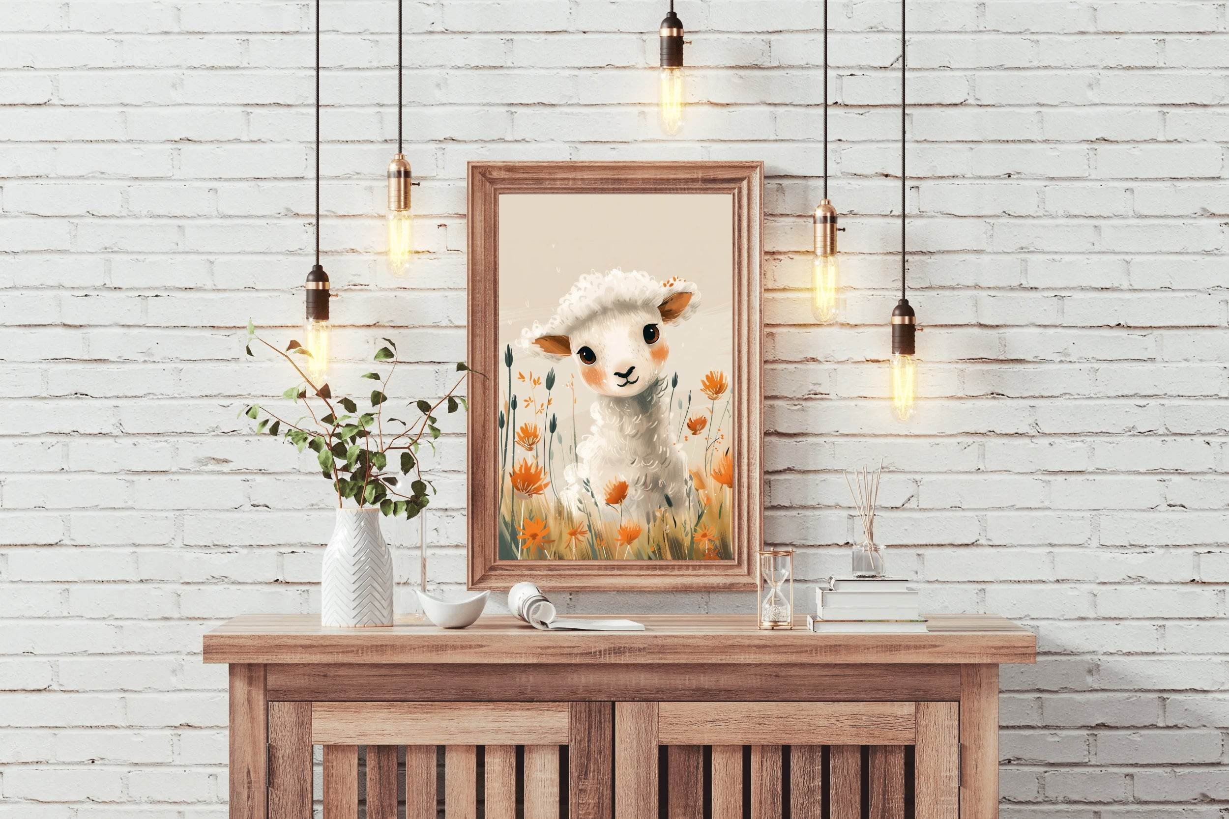 Painting of White Lamb With Flowers - beink online art store