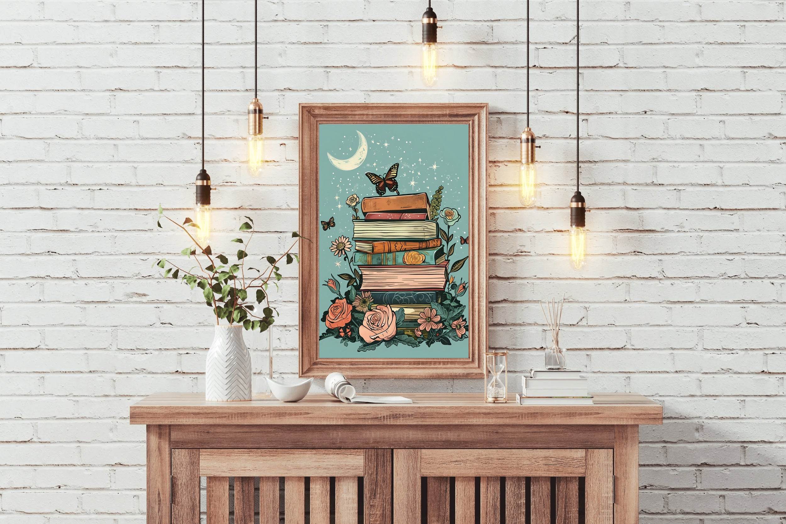Books and flowers with a butterfly on top Wall Art - beink online art store
