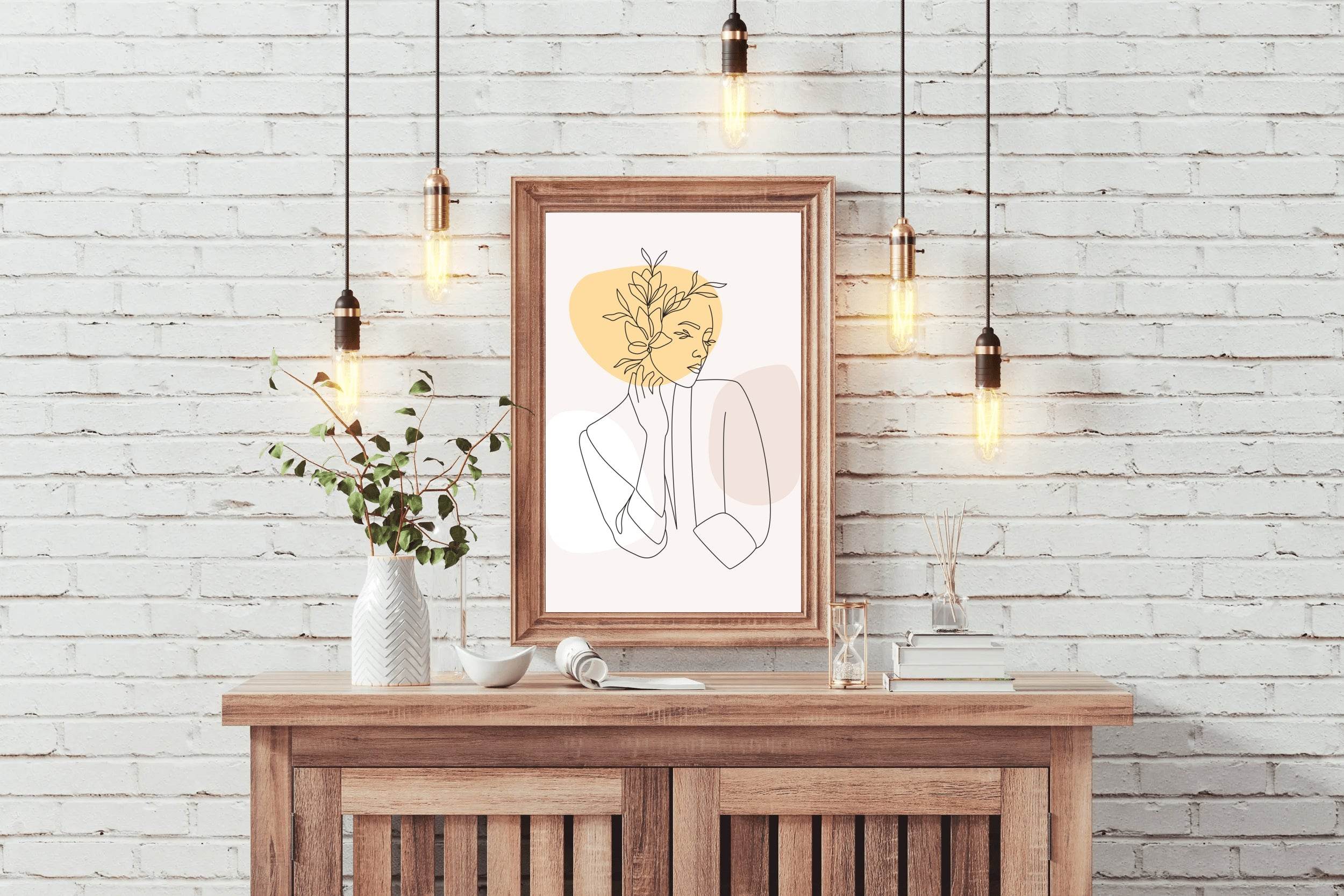 Line Art of Beautiful Woman's Face and Flowers - beink online art store