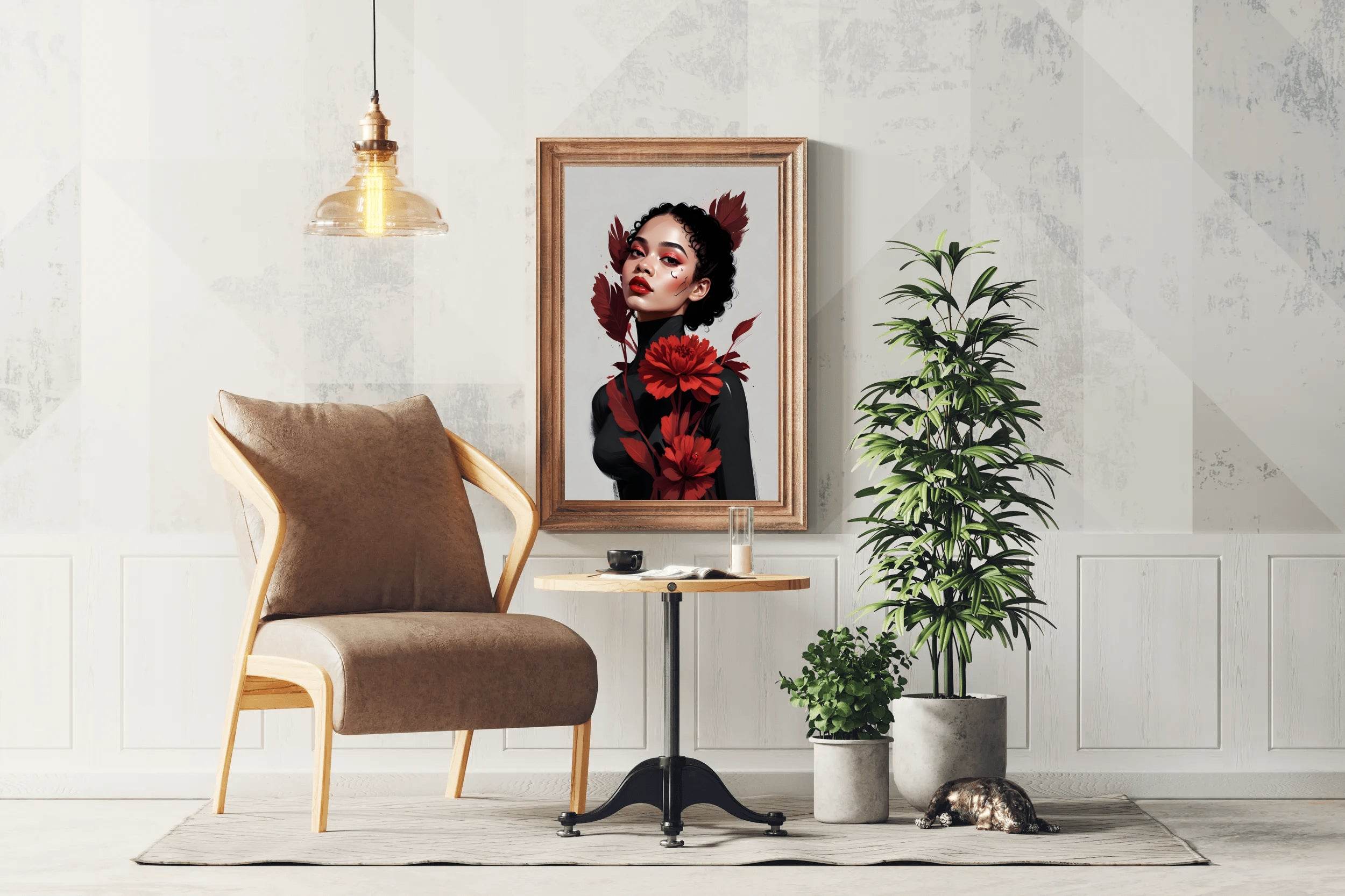 Lady with Curly Hair and Red Flower Wall Art - beink online art store