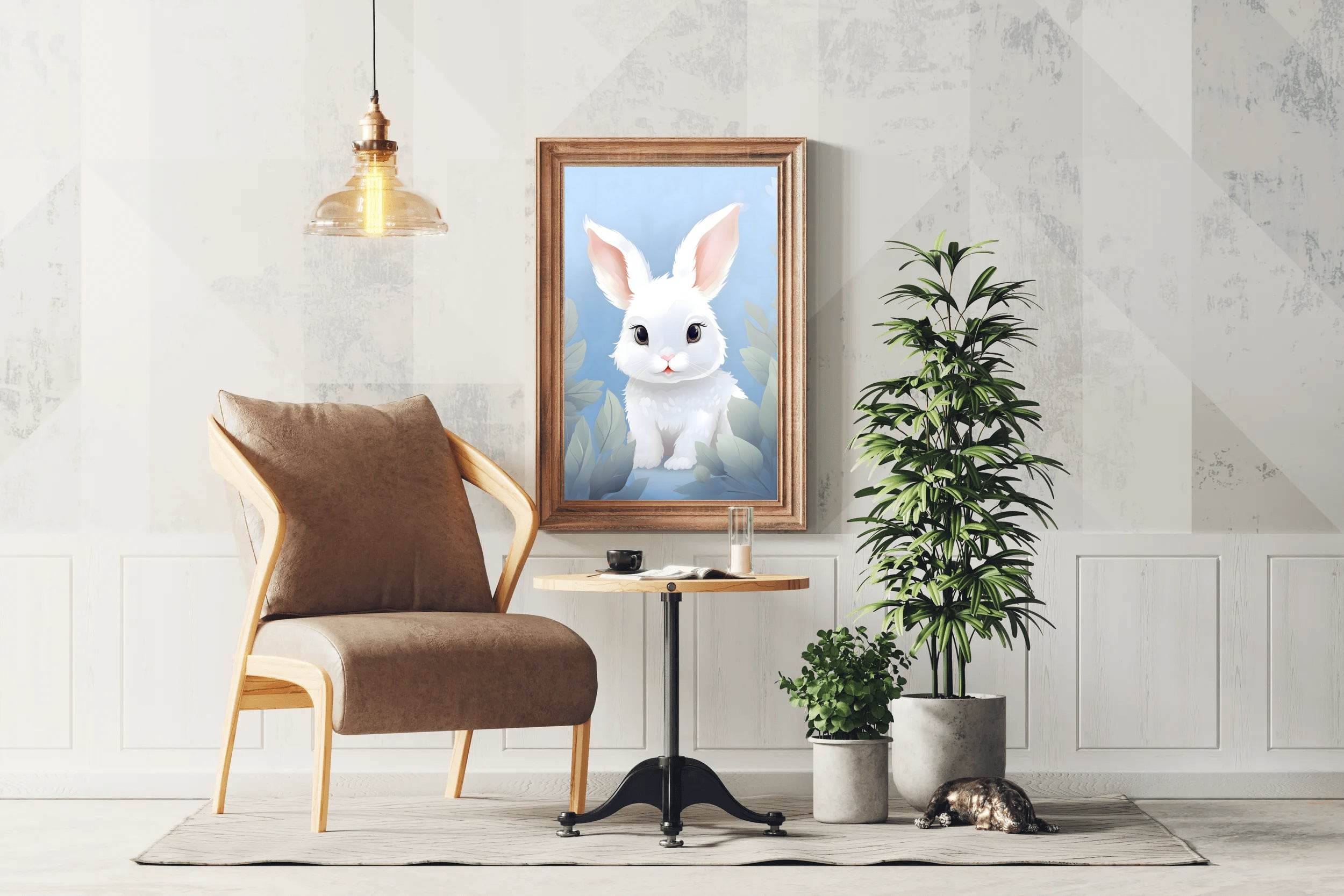 Cute Whit Little Cartoon Bunny Watercolor Painting - beink online art store