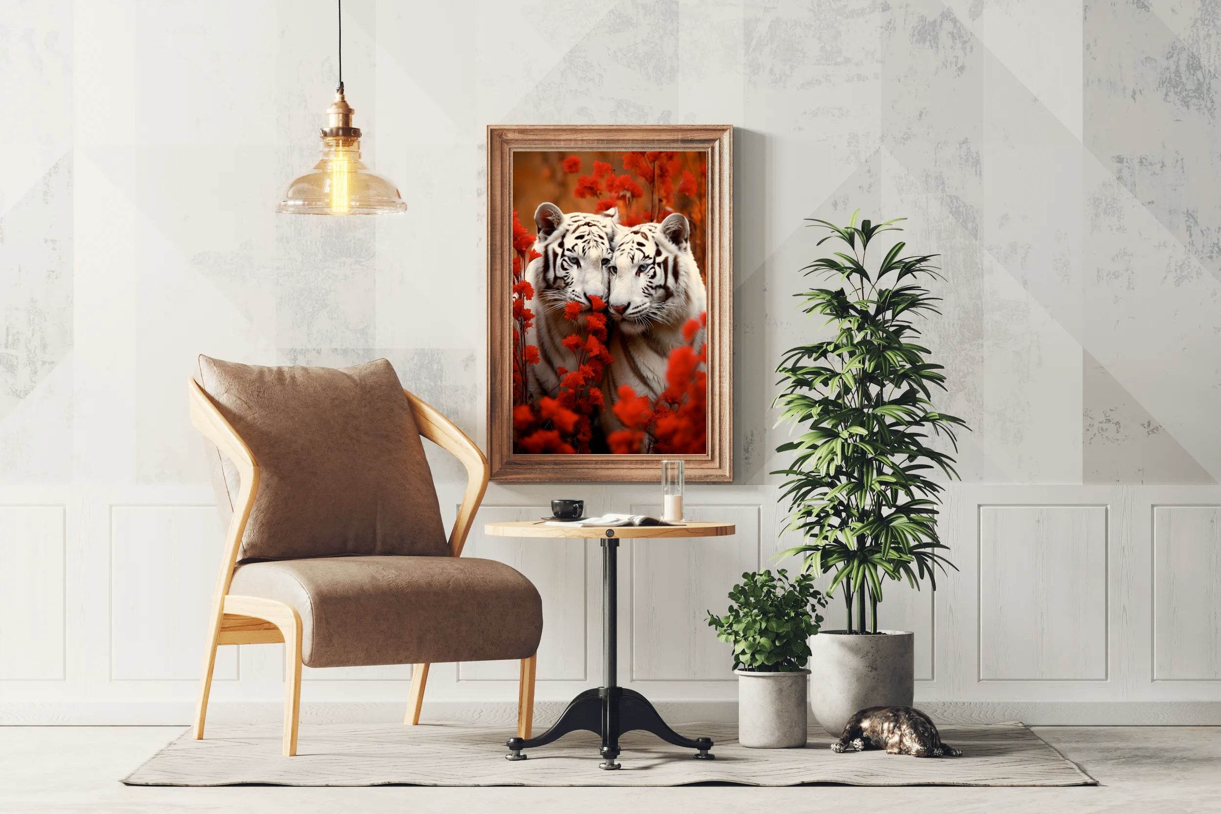 Wild White Tiger With Leaves Wall Art - beink online art store
