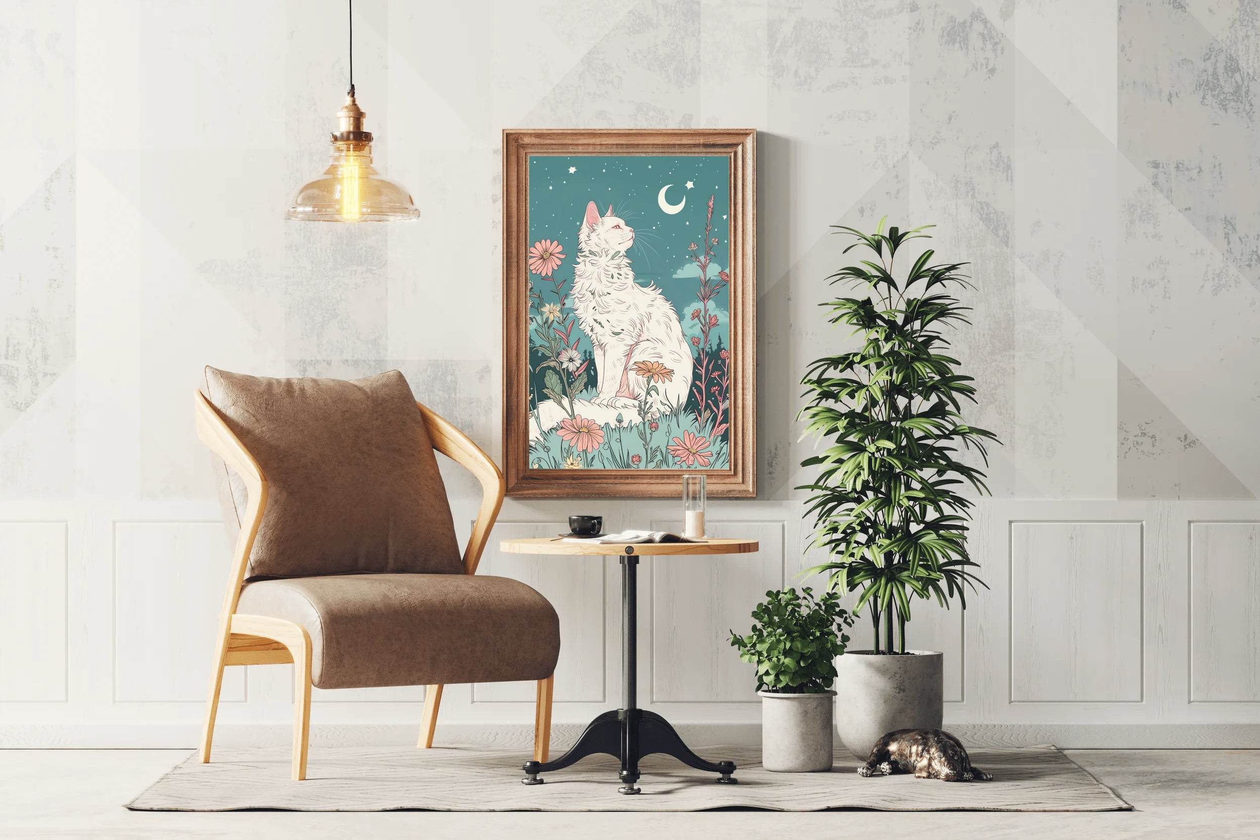 Painting of White Cat Watching the Moon - beink online art store