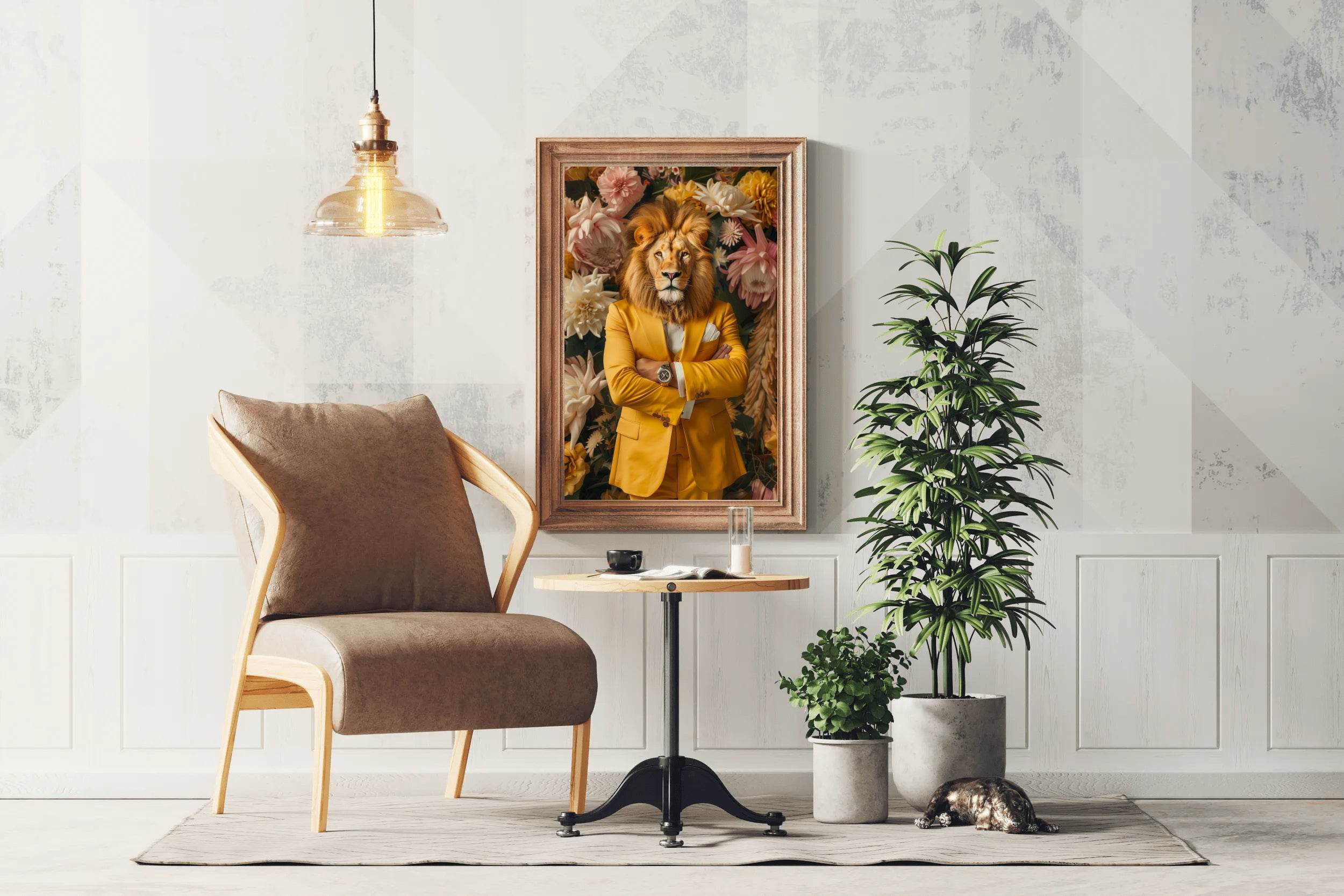 Lion in Yellow Coat With Floral Background - beink online art store