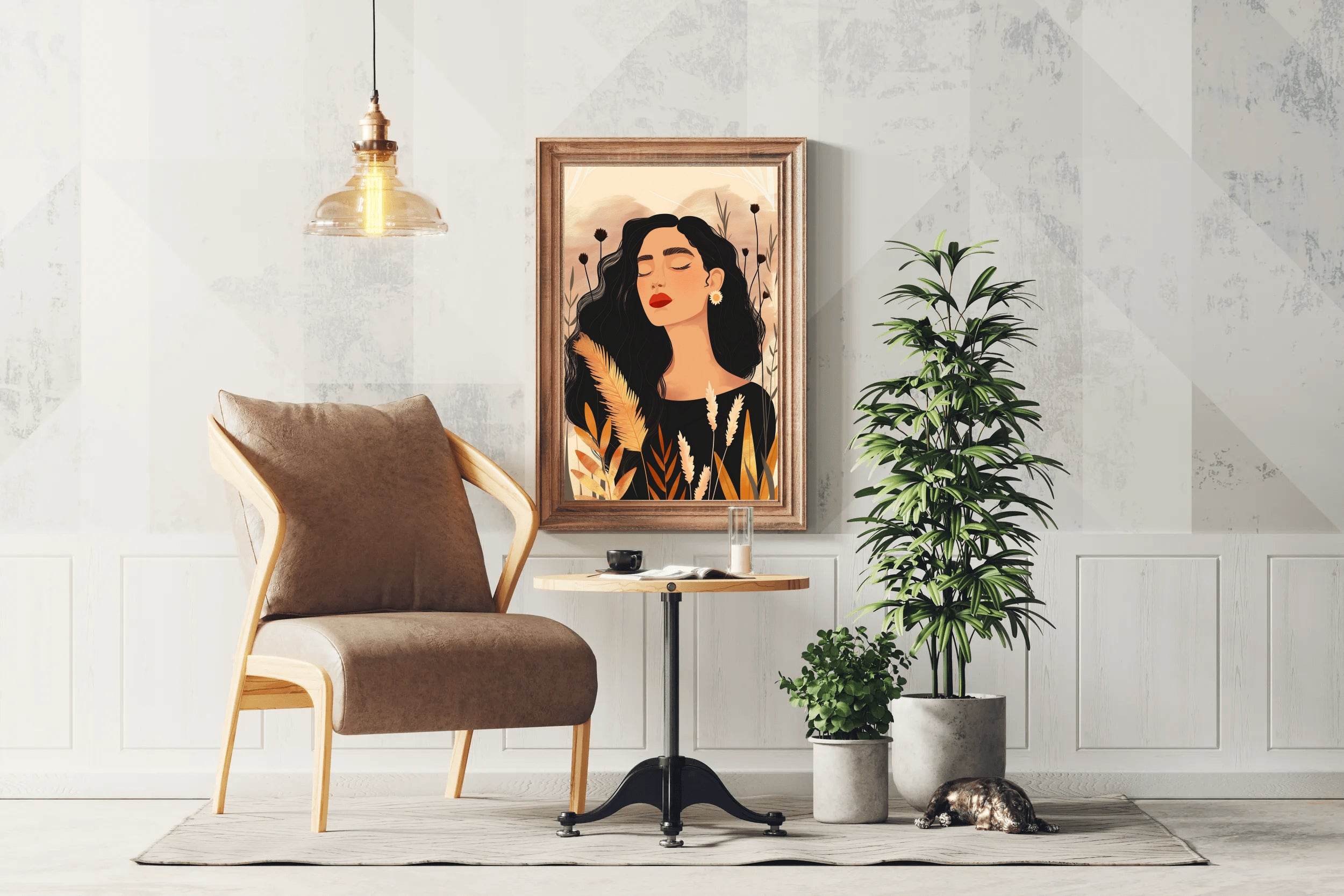 Woman with Curly Hair on Simple Background ArtWork - beink online art store