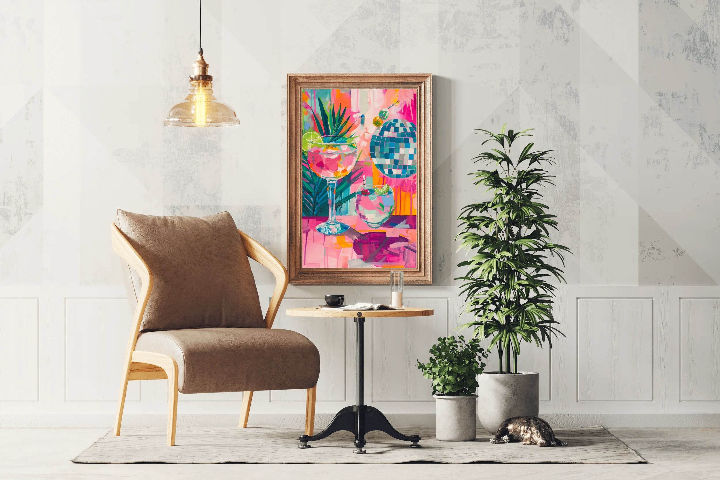 Painting of a Cocktail and Glasses with a Palm Tree in the Background Wall Art - beink online art store