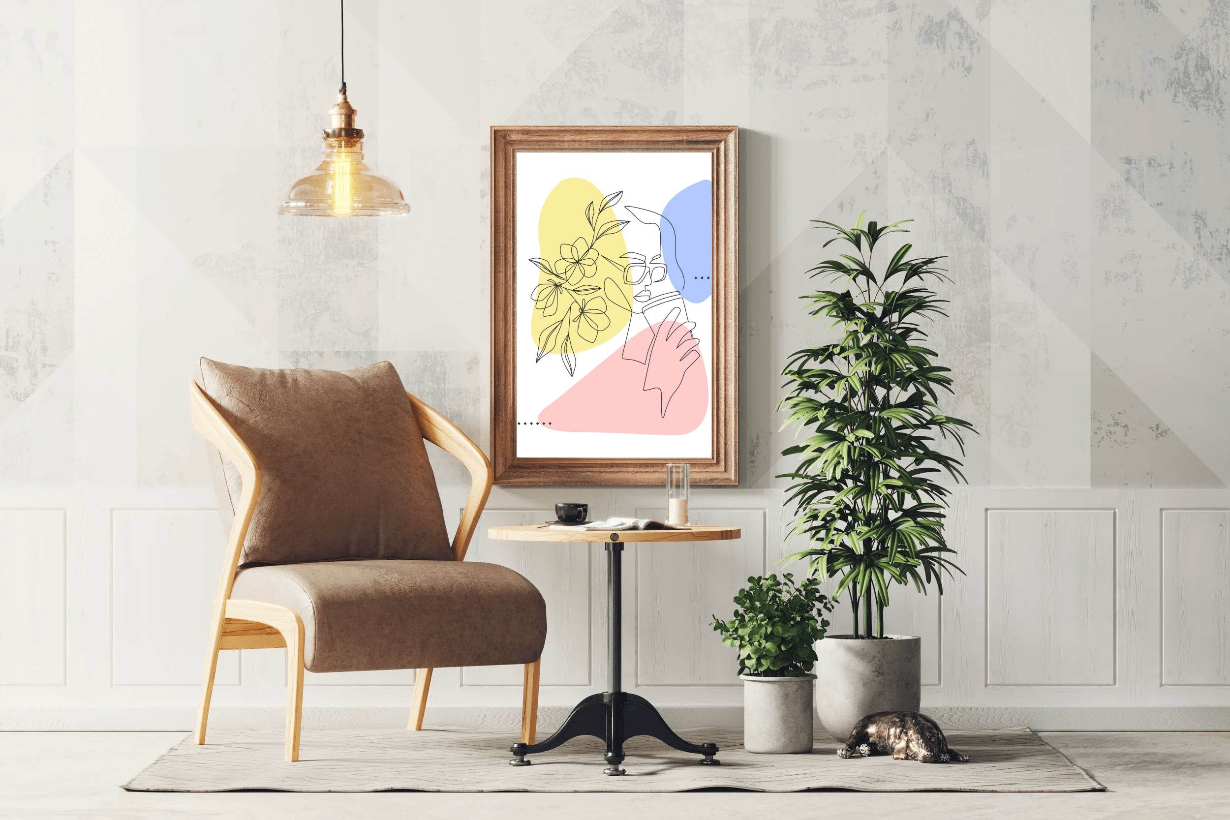 Minimal Woman and Flower Drinking Coffee Wall Art - beink online art store