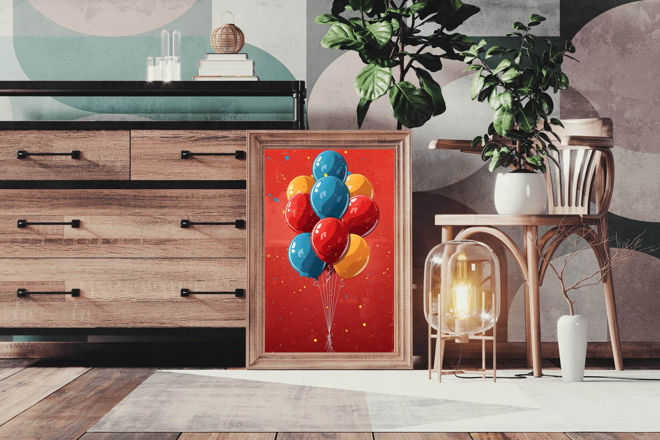 Illustration of Colorful Balloons with Red Background - beink online art store