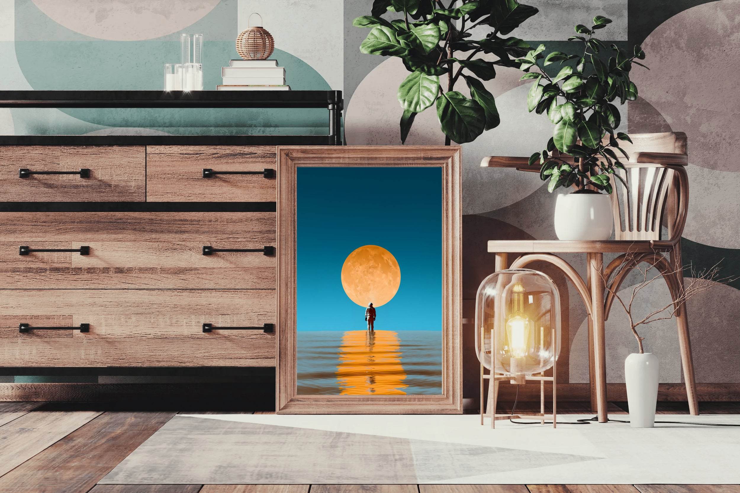 Astronaut Standing in the Ocean Reflecting the Moon Wall Art - beink online art store