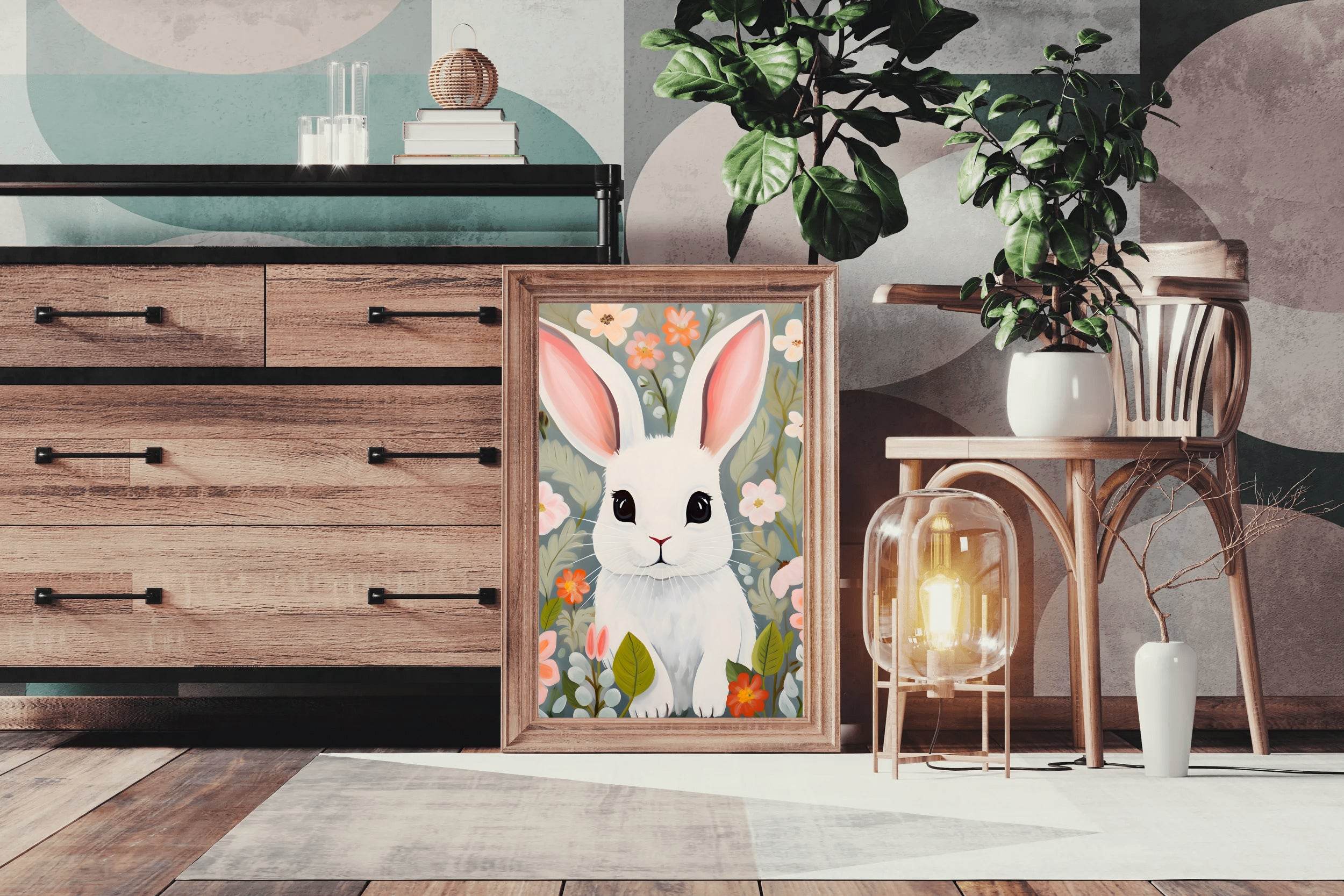Cartoonish Painting of White Bunny - beink online art store