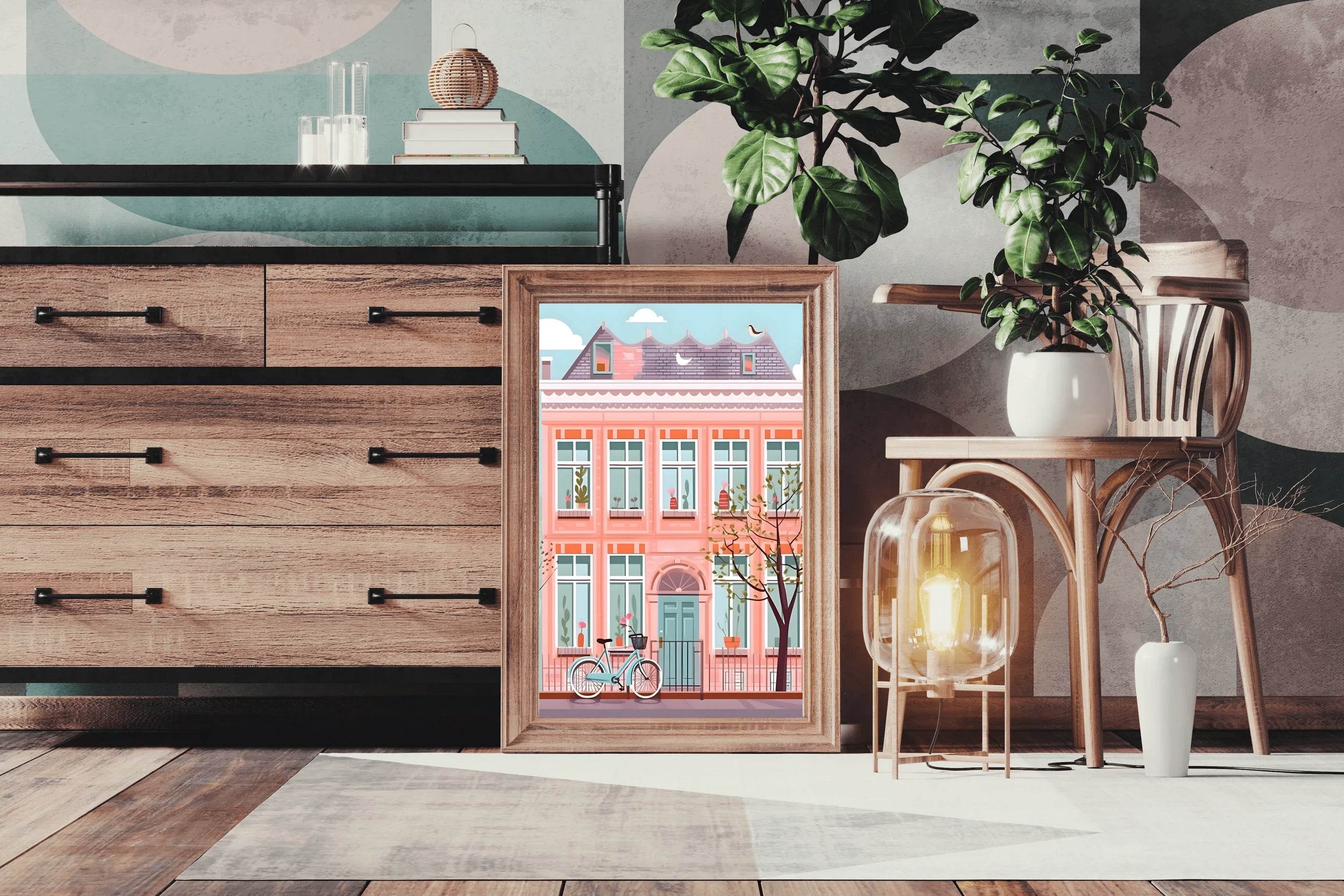 Illustration of Pink House and a Bicycle - beink online art store