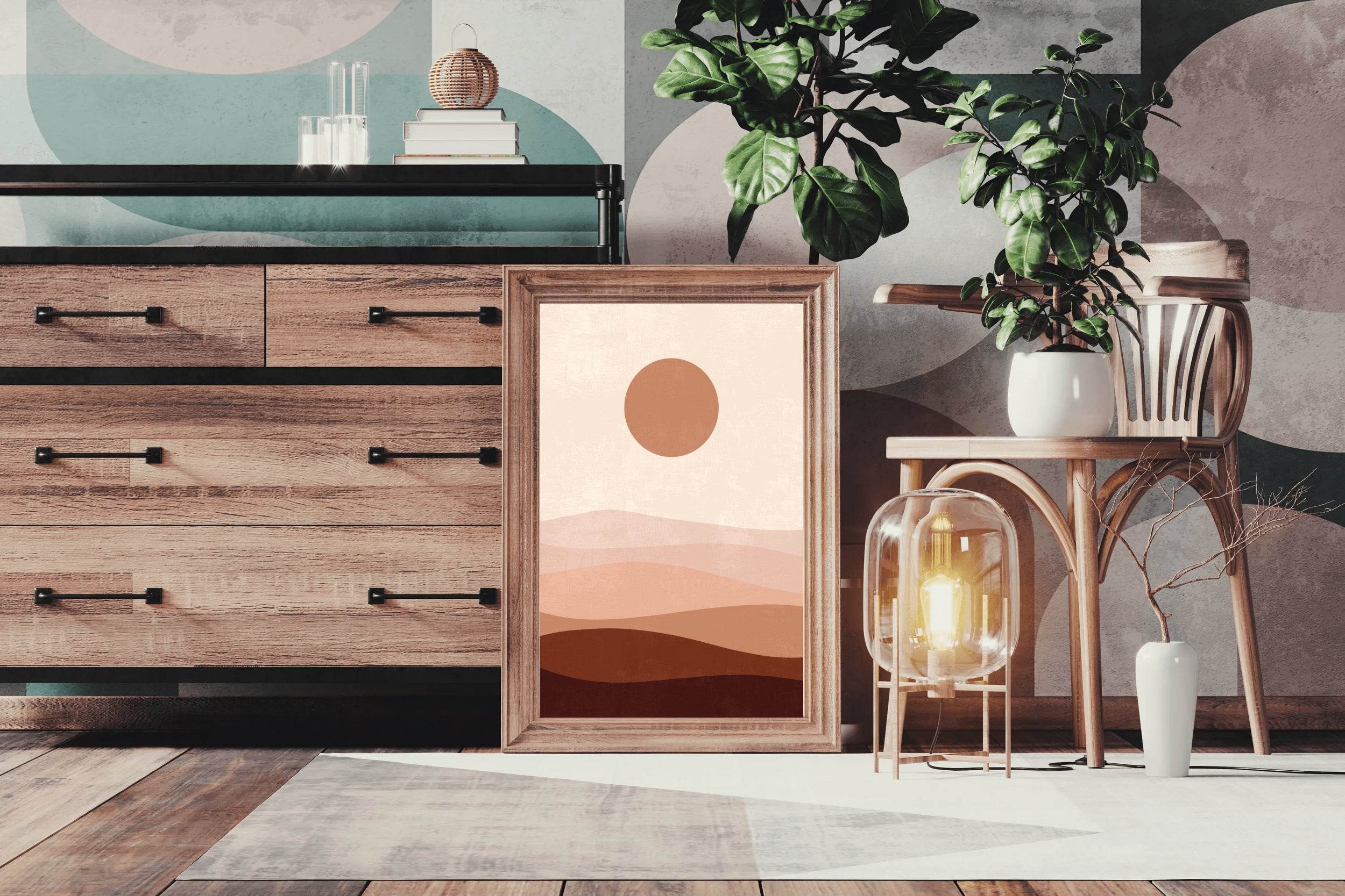 Abstract Landscape with a Sun and Layers of Hills ArtWork - beink online art store