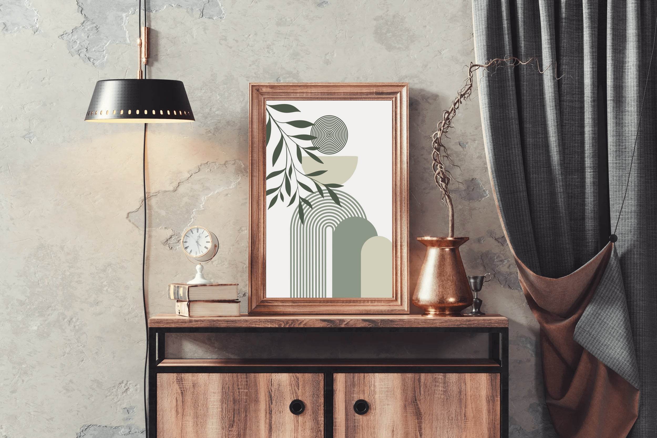 Leafy Branch a Circle Shades of Green and Beige ArtWork - beink online art store