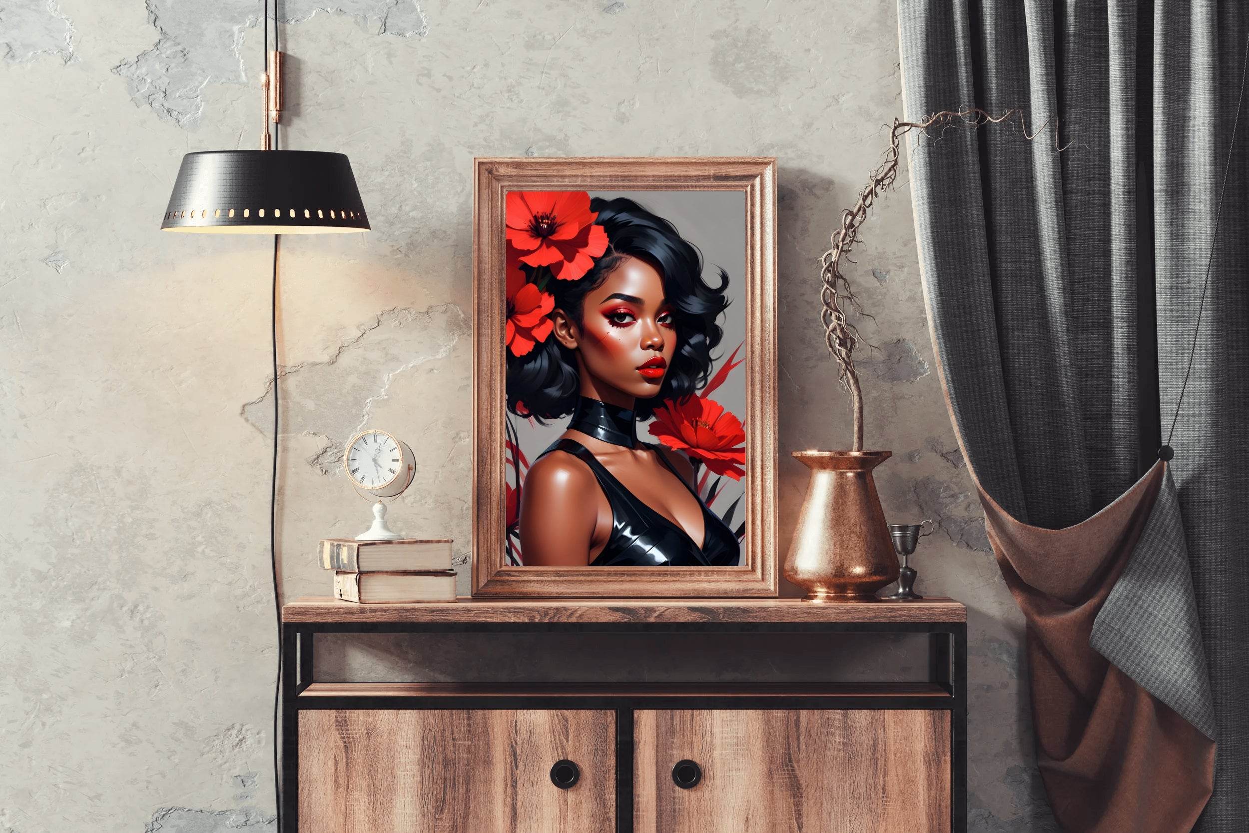 Abstract Style Anime Art of Black Girl with Red Flower Wall Art - beink online art store
