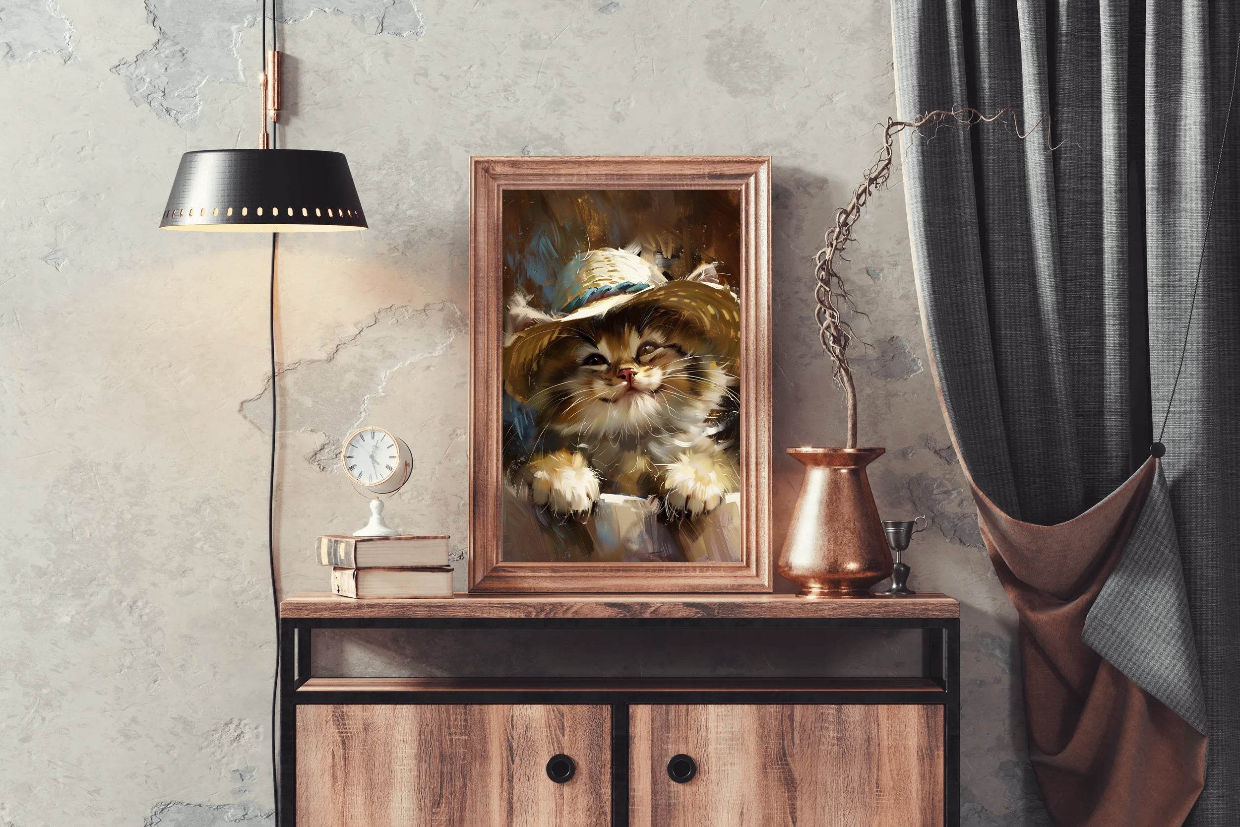 Hand Painted Painting of Smiling Cat Wearing Hat - beink online art store