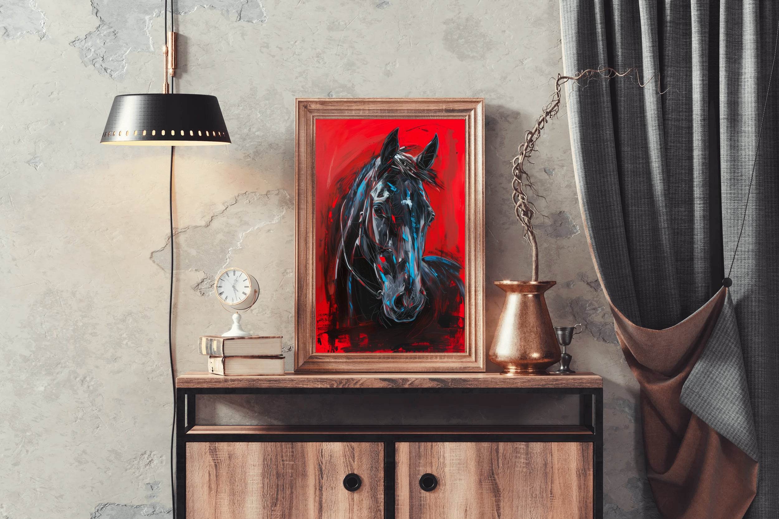 Painting of Black Horse With Red Background - beink online art store