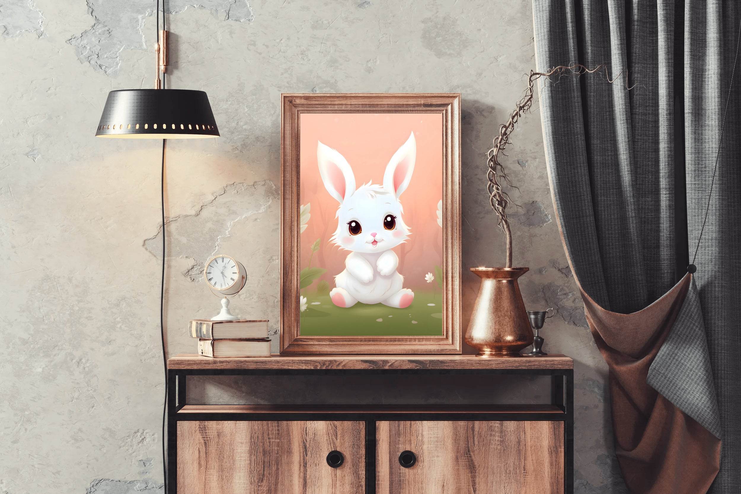 Cute Little White Cartoon Bunny Sitting on the Grass - beink online art store