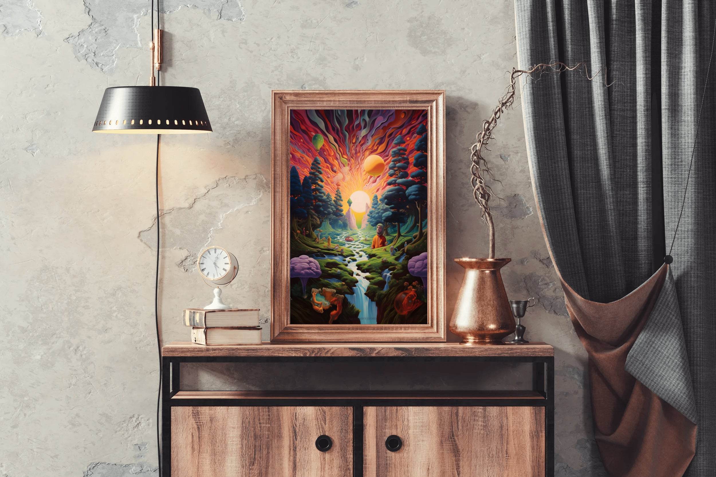 Painting of a Sunset Over a River With a Mountain Wall Art - beink online art store