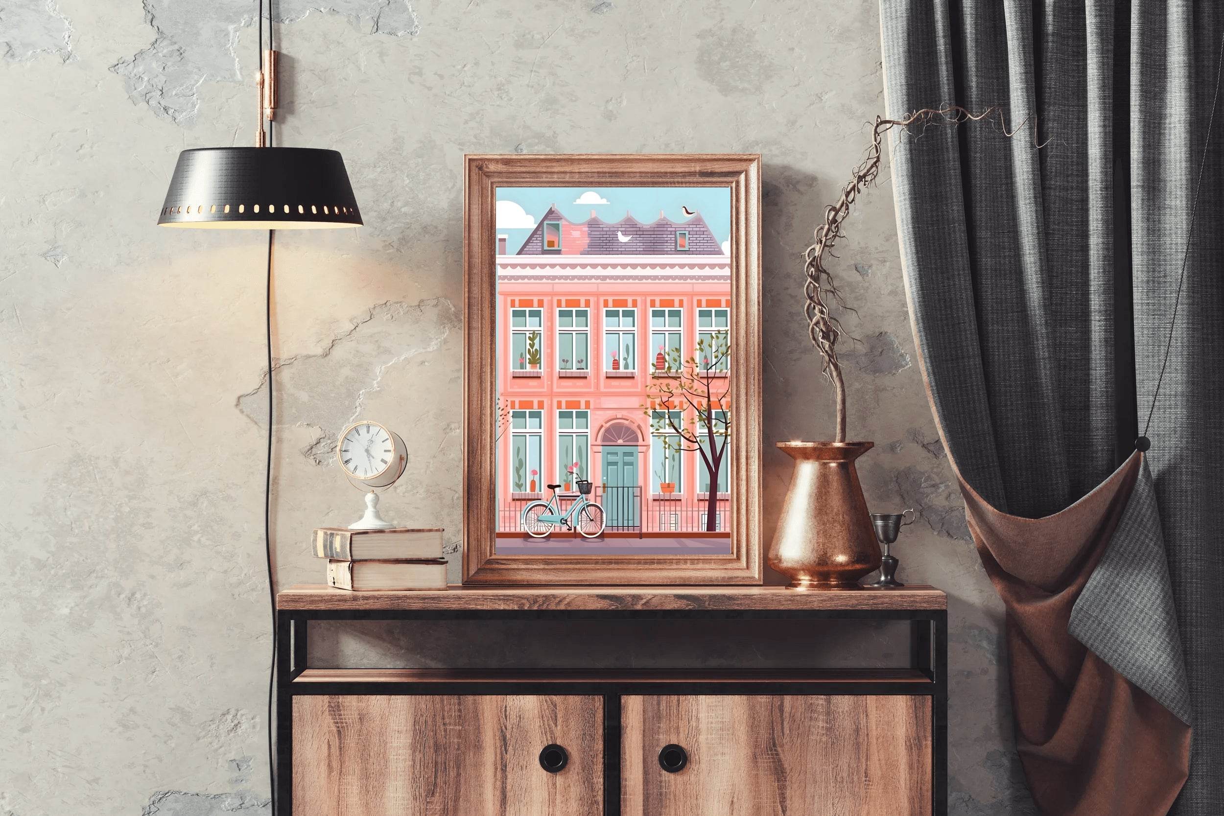 Illustration of Pink House and a Bicycle - beink online art store