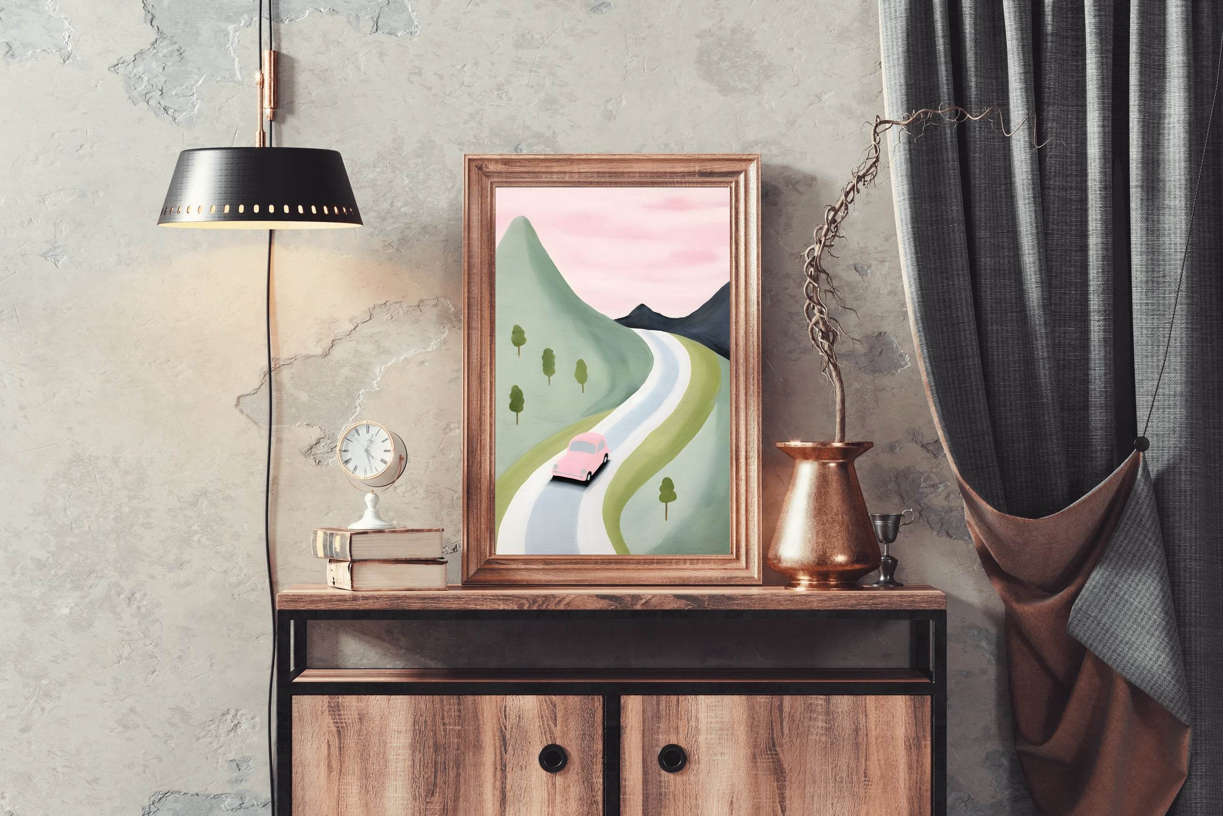 Watercolor Drawing of a Pink Car in the Mountains - beink online art store