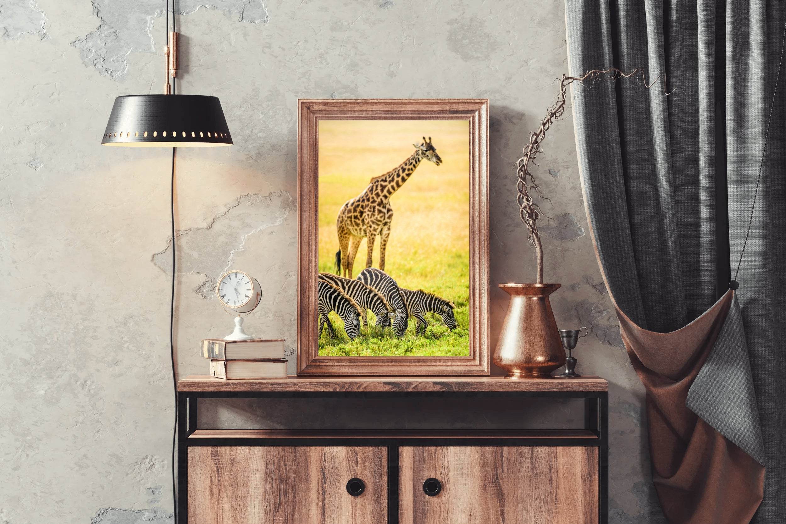 Northren Giraffe and Zebra Grazing in Savanna Wall Art - beink online art store